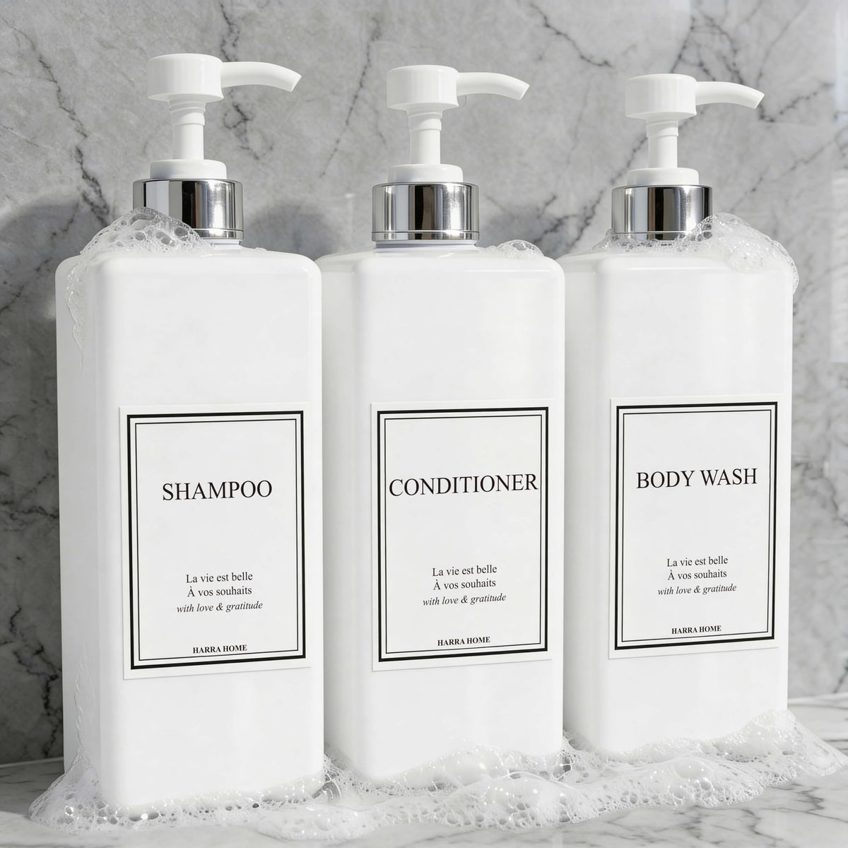 Modern Gold Design Pump Bottle Set 27 oz Refillable Shampoo and Conditioner Dispenser Empty Shower Plastic Bottles with Pump for Bathroom Lotion Body wash (3 Count)