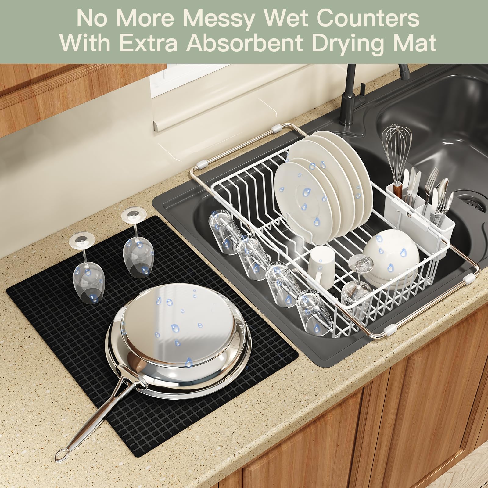 White Dish Drying Rack Over The Sink with Utensil Holder