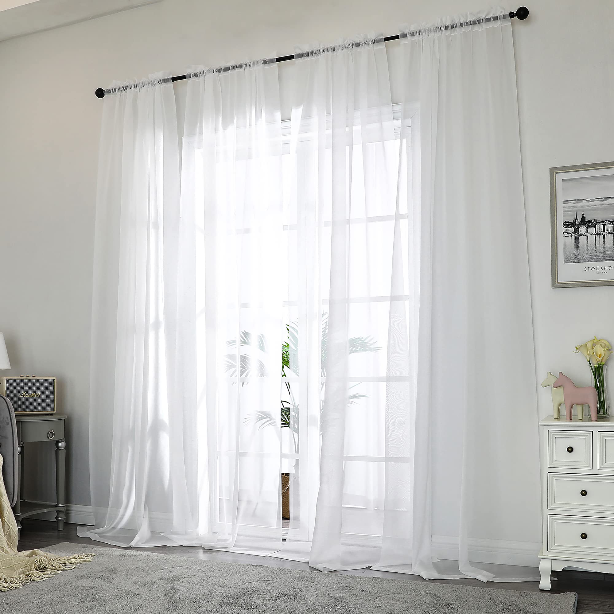 White Sheer Curtains 108 Inch Length 2 Panels Set