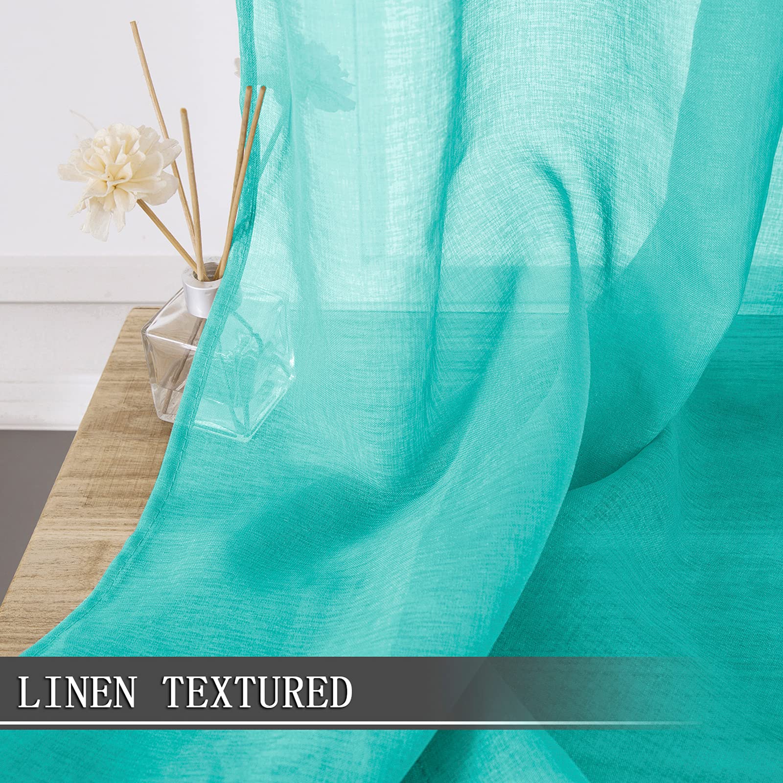 Short Sheer Curtain Linen Textured Living Room Curtains Sheer Light Filtering Rod Pocket Voile Curtain for Bedroom (2 Count)