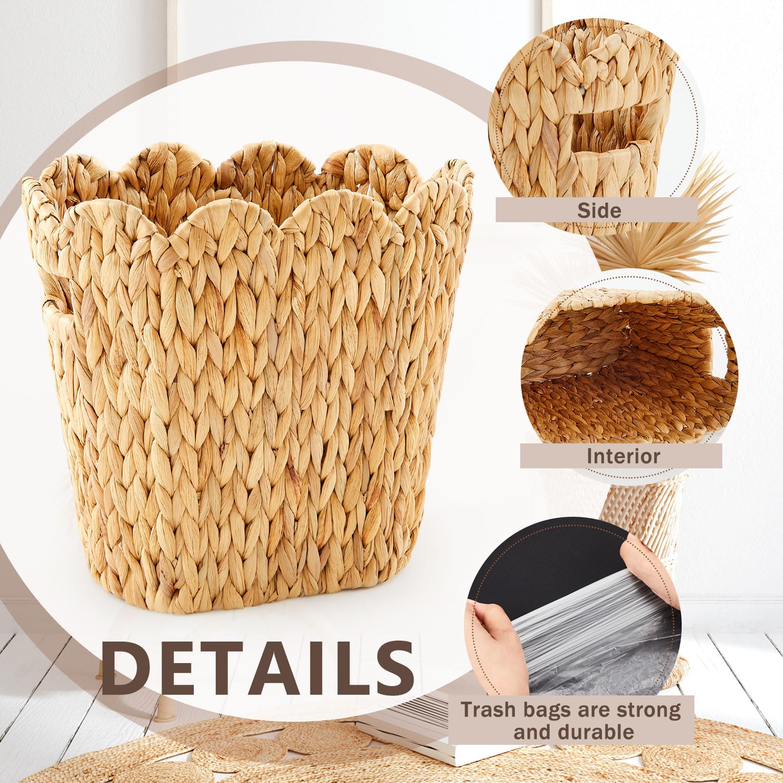 2 Pcs Wicker Trash Can with 50 Small Trash Bag Wicker Waste Woven Basket with Handles Clear Multi Use Garbage Bags for Bathroom Kitchen Bedroom (2 Count)