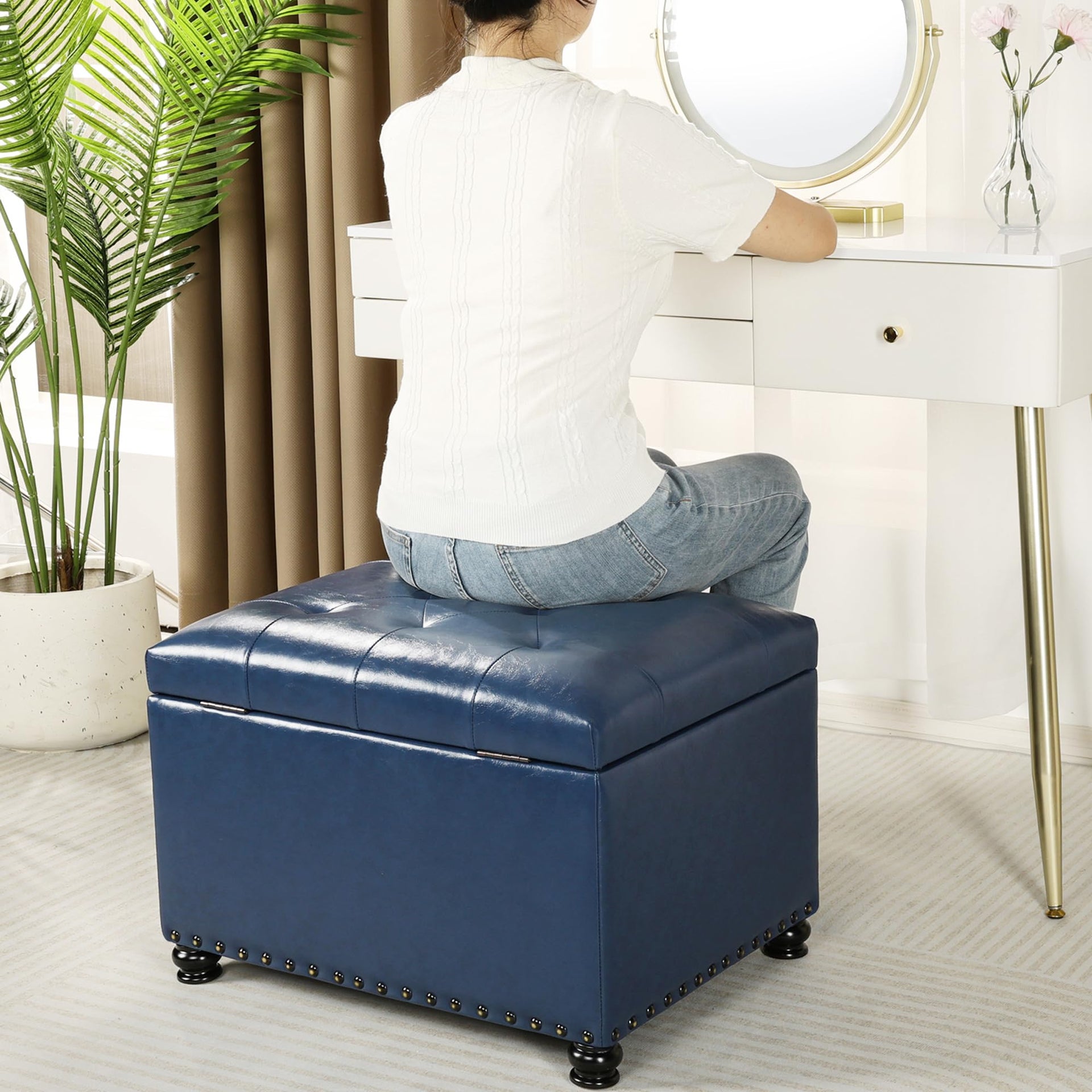 Faux Leather Storage Ottoman Bench Rectangle 24 Inch Foot Rest Ottomans
