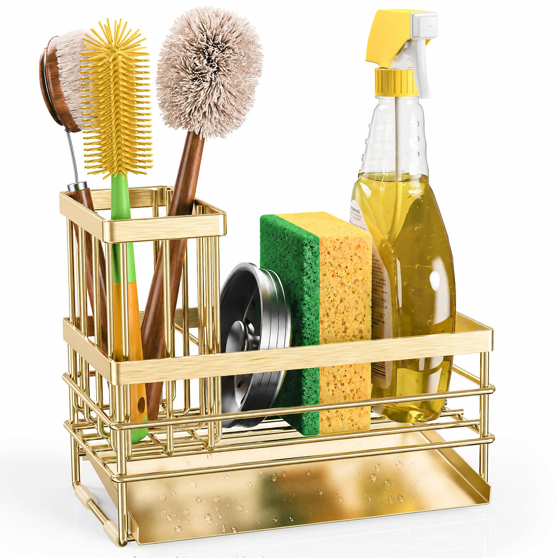 Gold Sink Caddy Sponge Holder for Kitchen with Brush Holder and Stainless Steel Self Drain Tray
