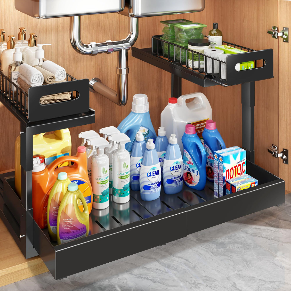 1 Pack Expandable Under Sink Organizers And Storage With Upgrade Ball (2 Compartments)