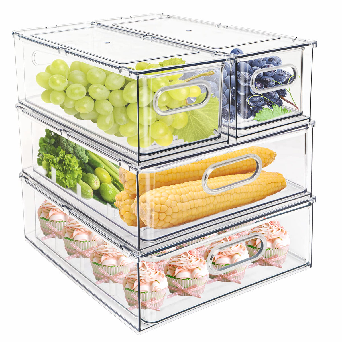 4 pack Stackable Refrigerator Organizer Bins Pull (4 Count)