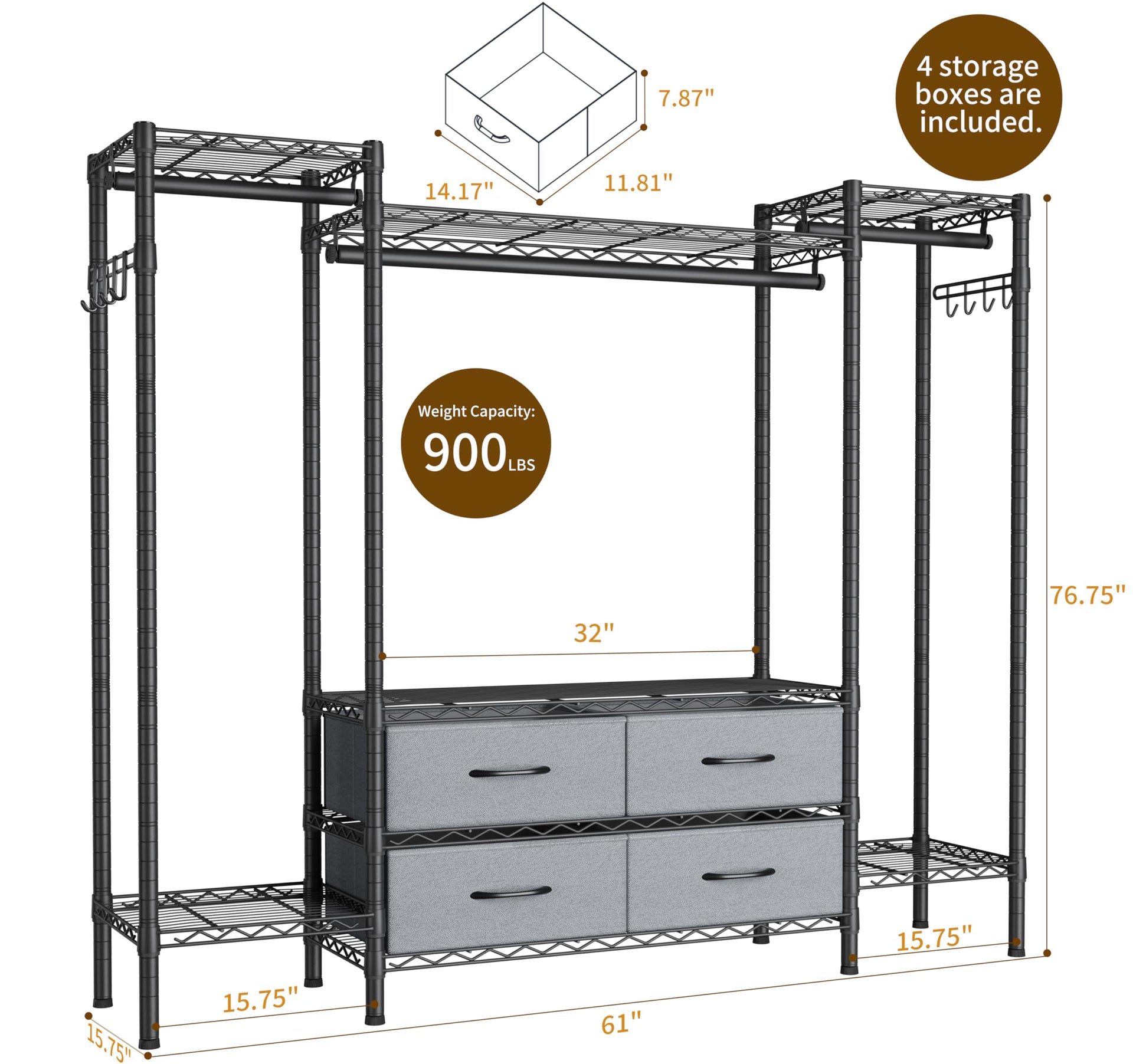 Heavy Duty Clothes Rack Metal Wardrobe with Adjustable Wire Shelves