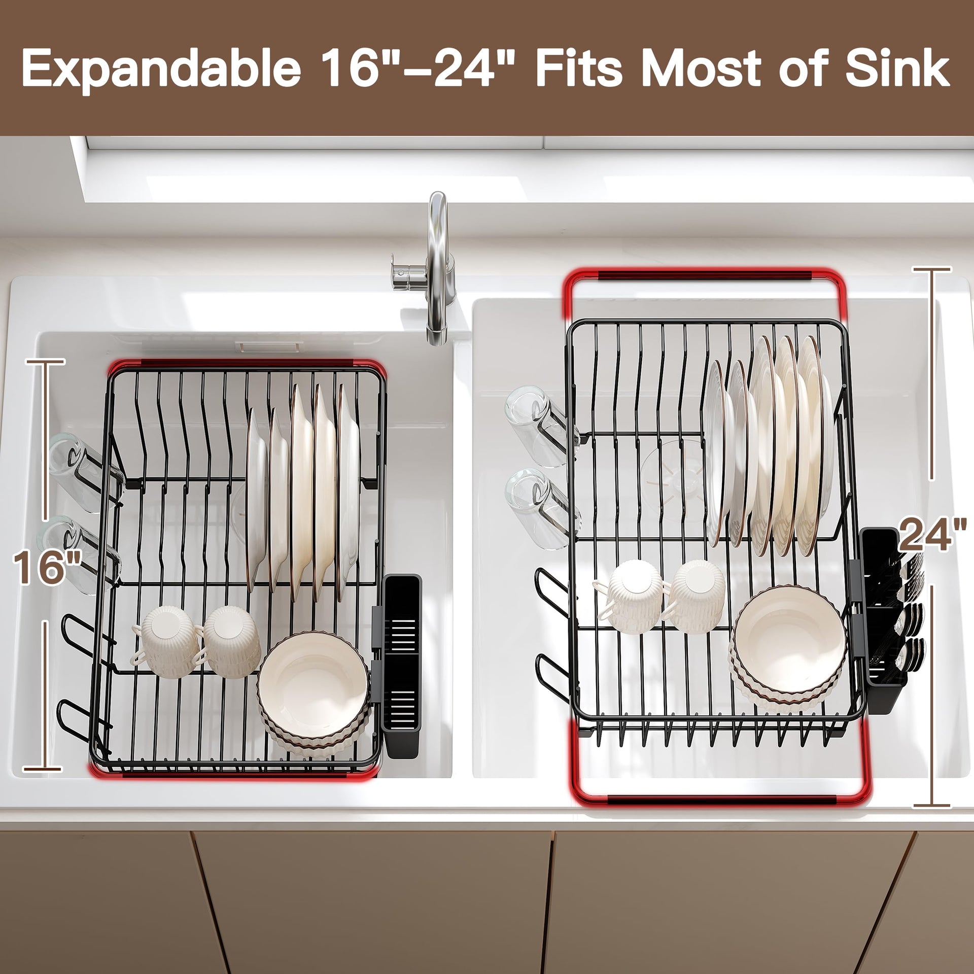 Over the Sink Expandable Dish Drainer Drying Rack In Stainless Steel for Small Kitchen