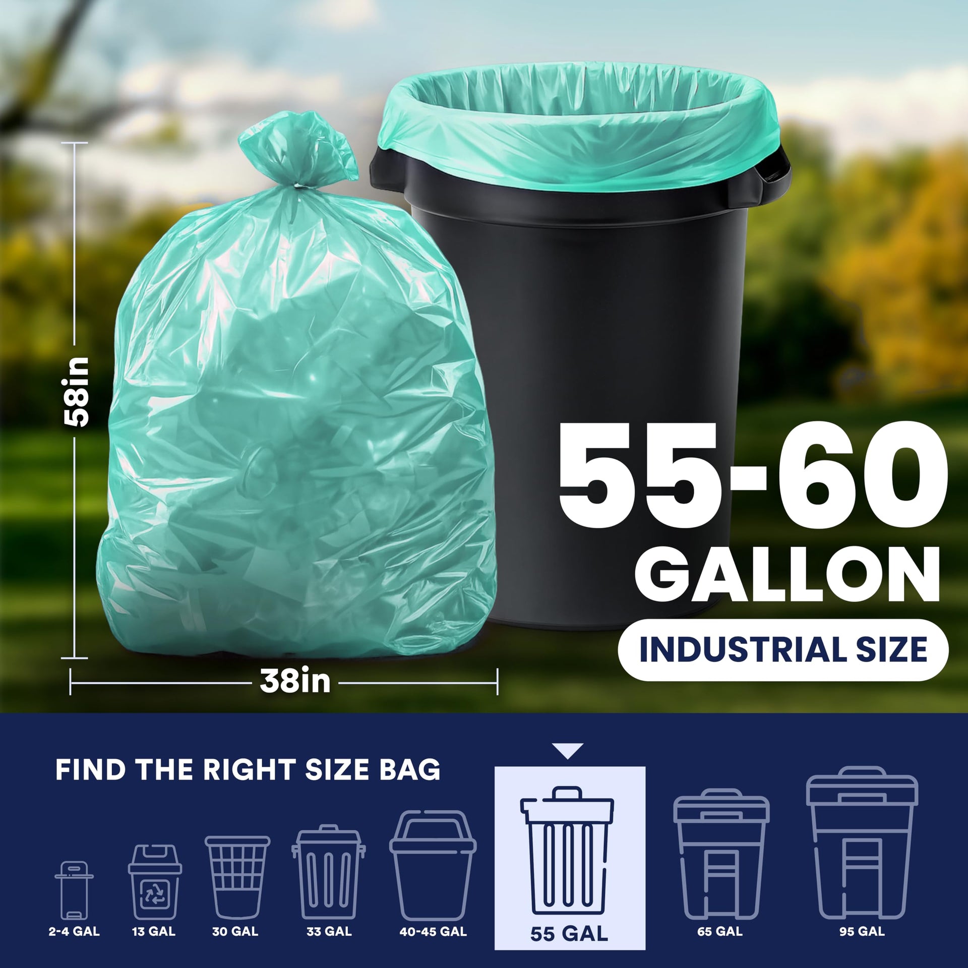 55 60 gallon Trash Bags │ 1.2 Mil │ Green Heavy Duty Garbage Can Liners │ 38” x 58” (50 Count)