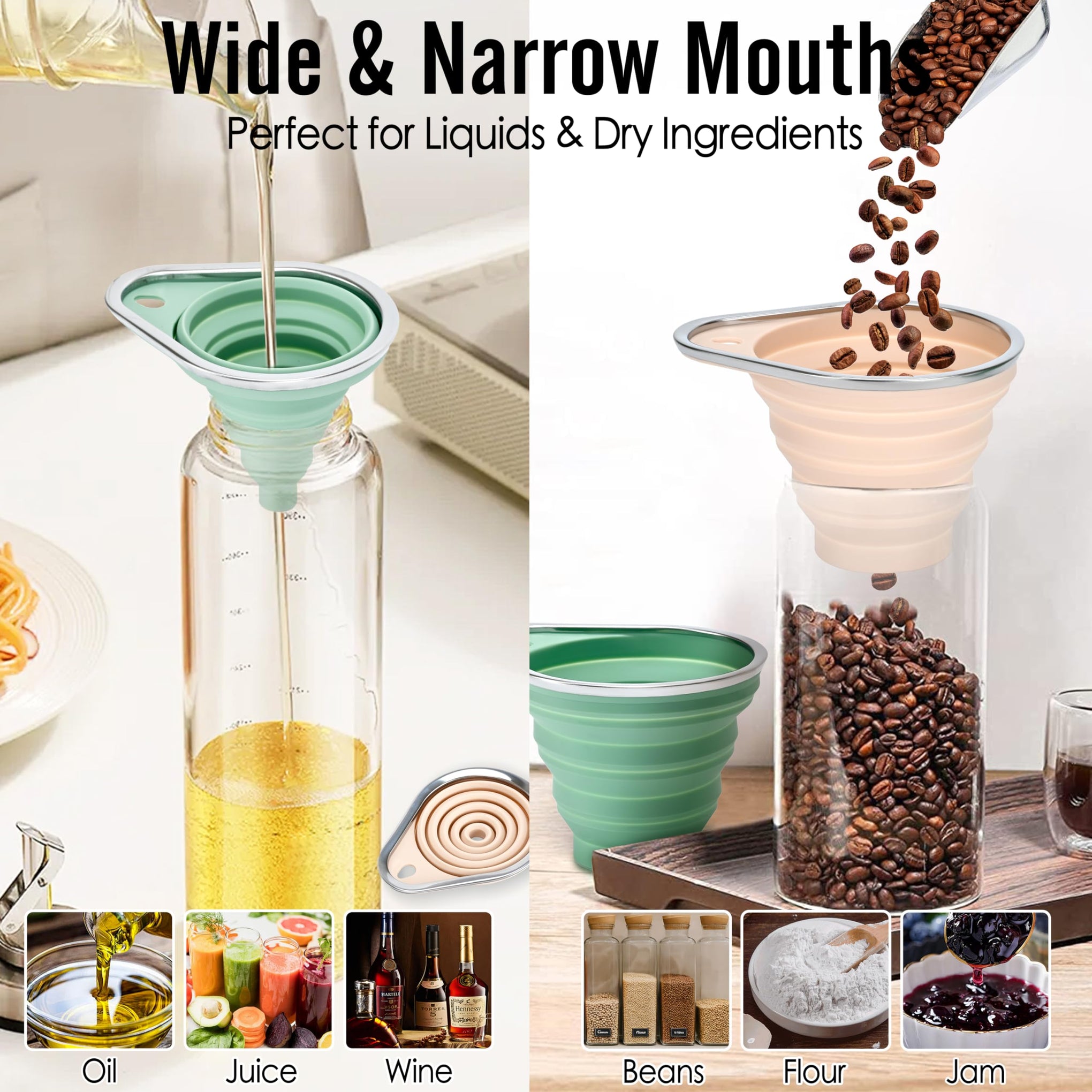 Stainless Steel Rim Silicone Collapsible Funnel Set