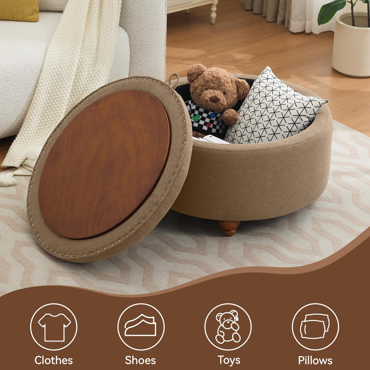30Inch Round Storage Ottoman with Tray