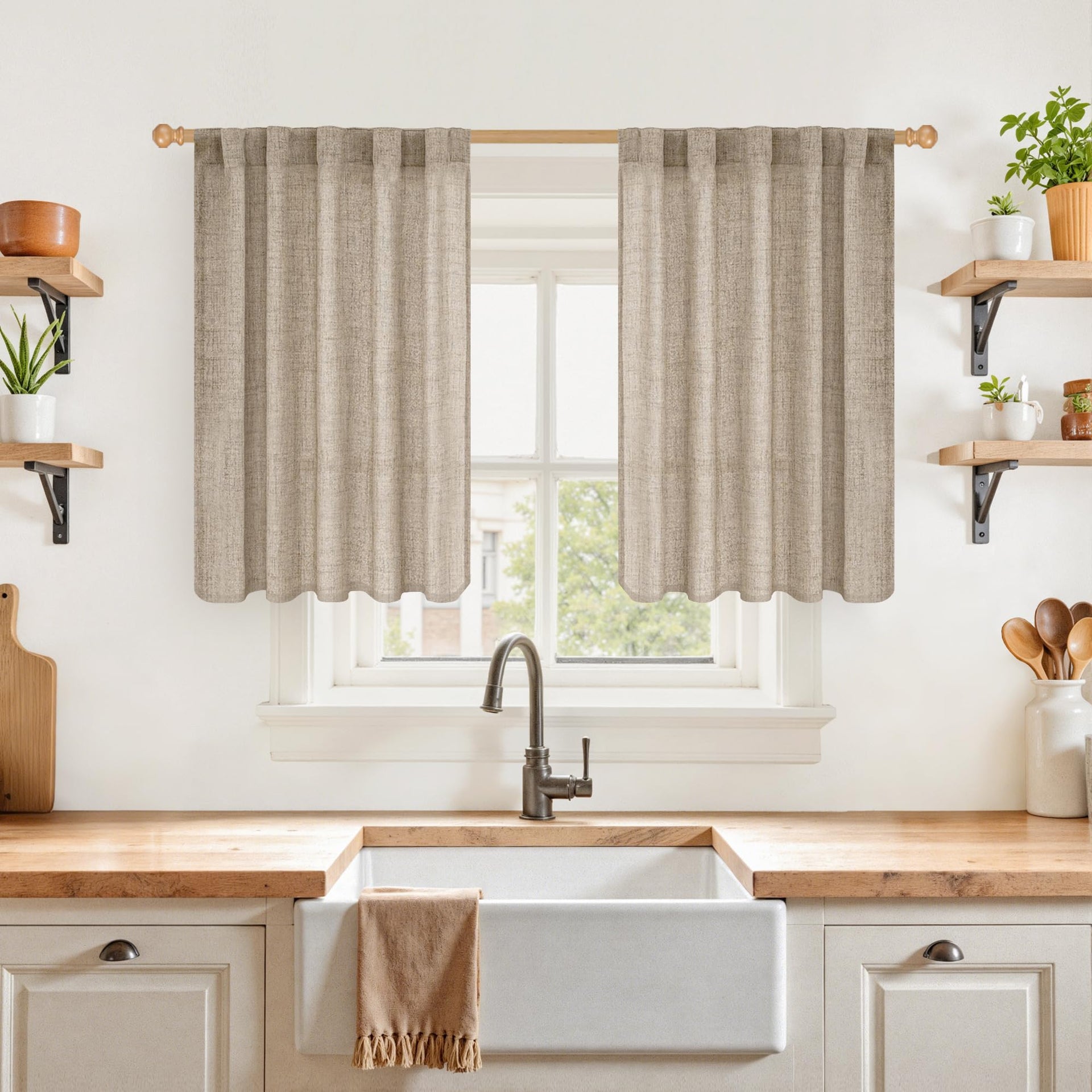 Burlap Linen Kitchen Curtains 36 Inch Window Over Sink 2 Panels (2 Count)