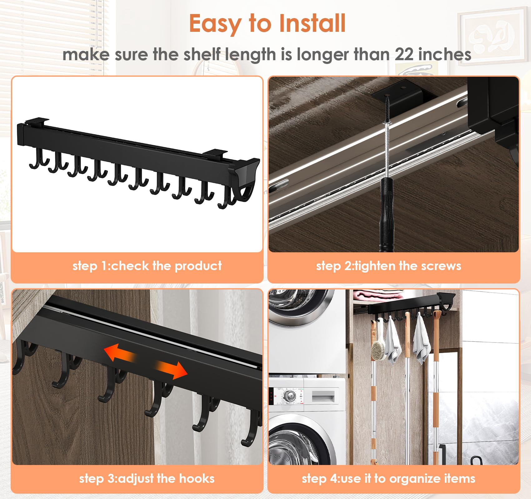 Pull out Mop and Broom Holder with 20 Sliding Hooks