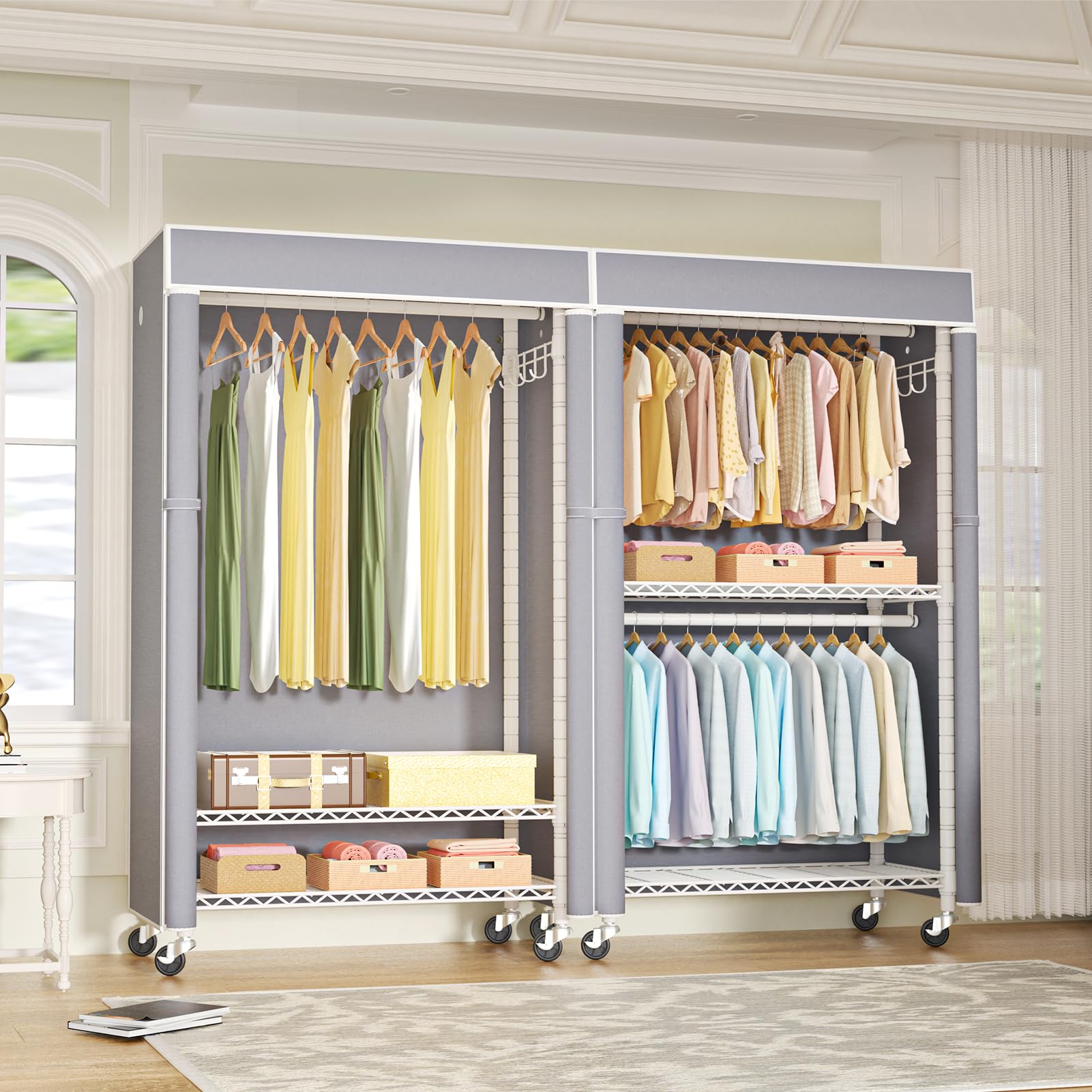 White Clothing Rack with Grey Cover