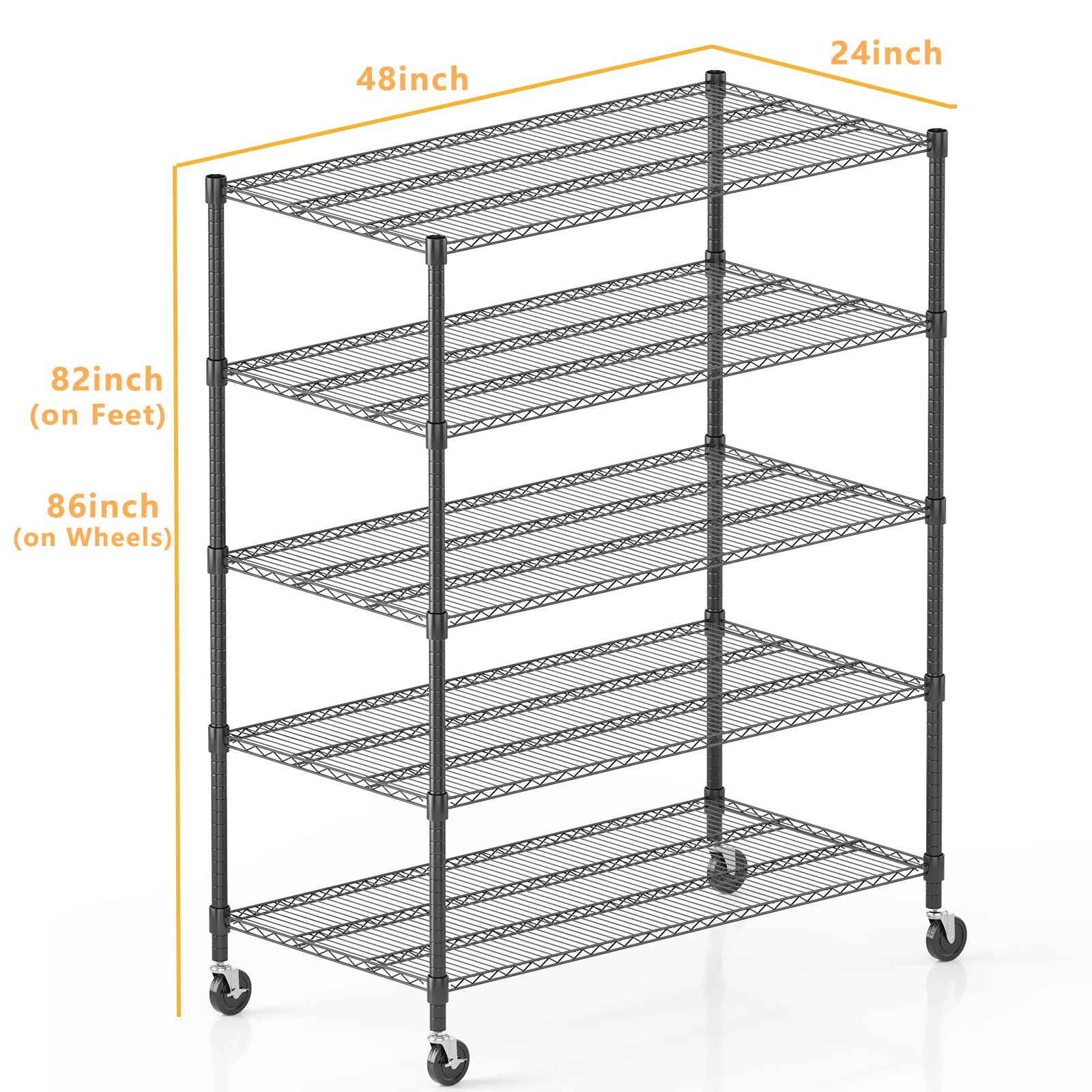 5 Tier Wire Shelving with Wheels Heavy Duty Height Adjustable Metal Shelves for Storage (5 Count)