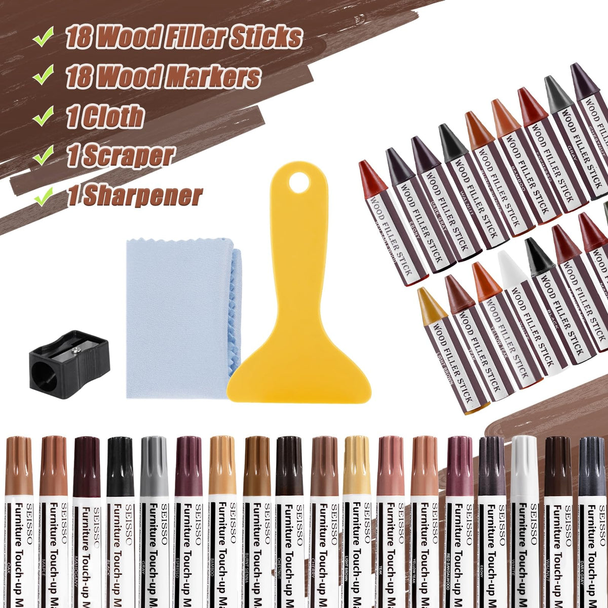 18 Colors Wood Wax Sticks ＆ Wood Markers Furniture Repair Kit (39 Count)