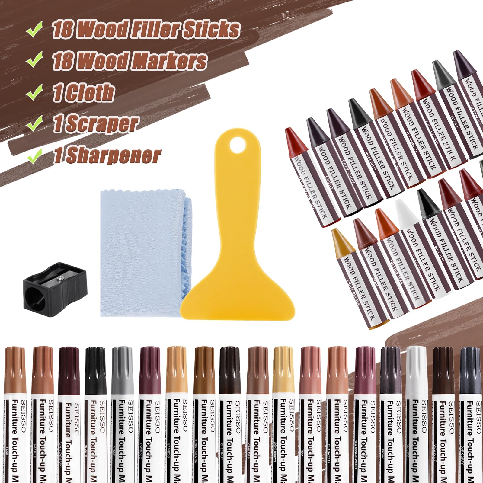 18 Colors Wood Wax Sticks ＆ Wood Markers Furniture Repair Kit (39 Count)