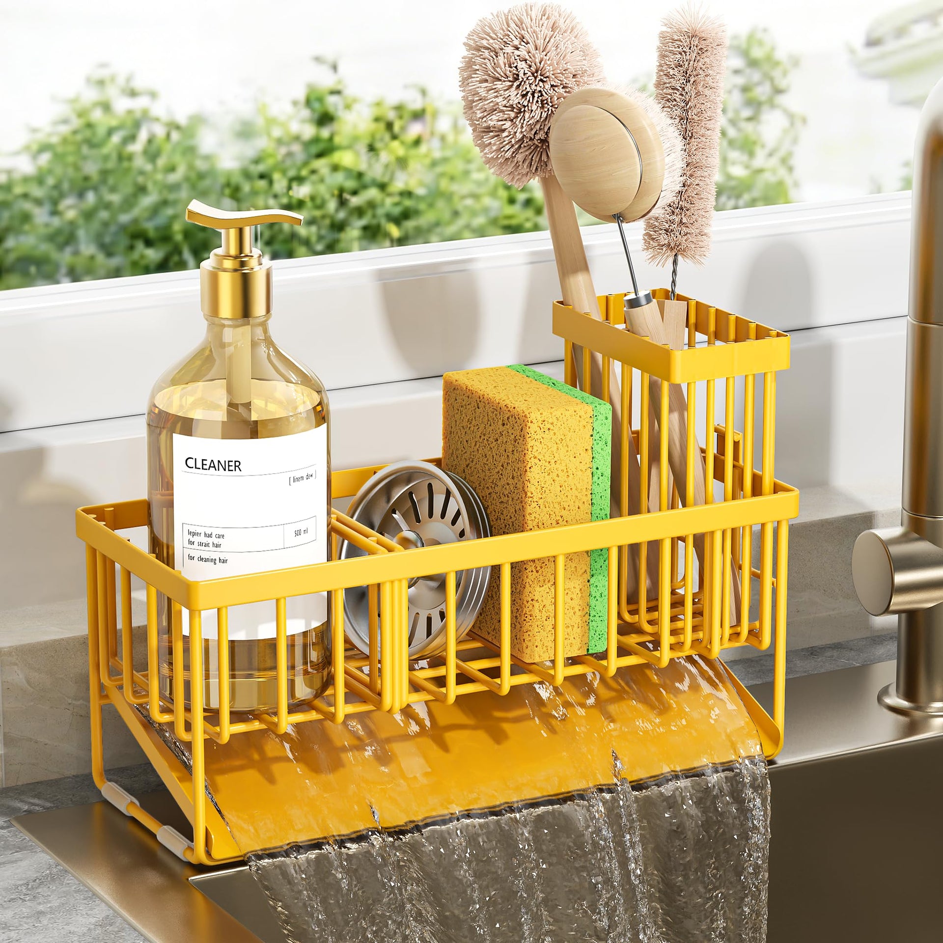 Lemon Yellow Sink Caddy Organzier with High Brush Holder
