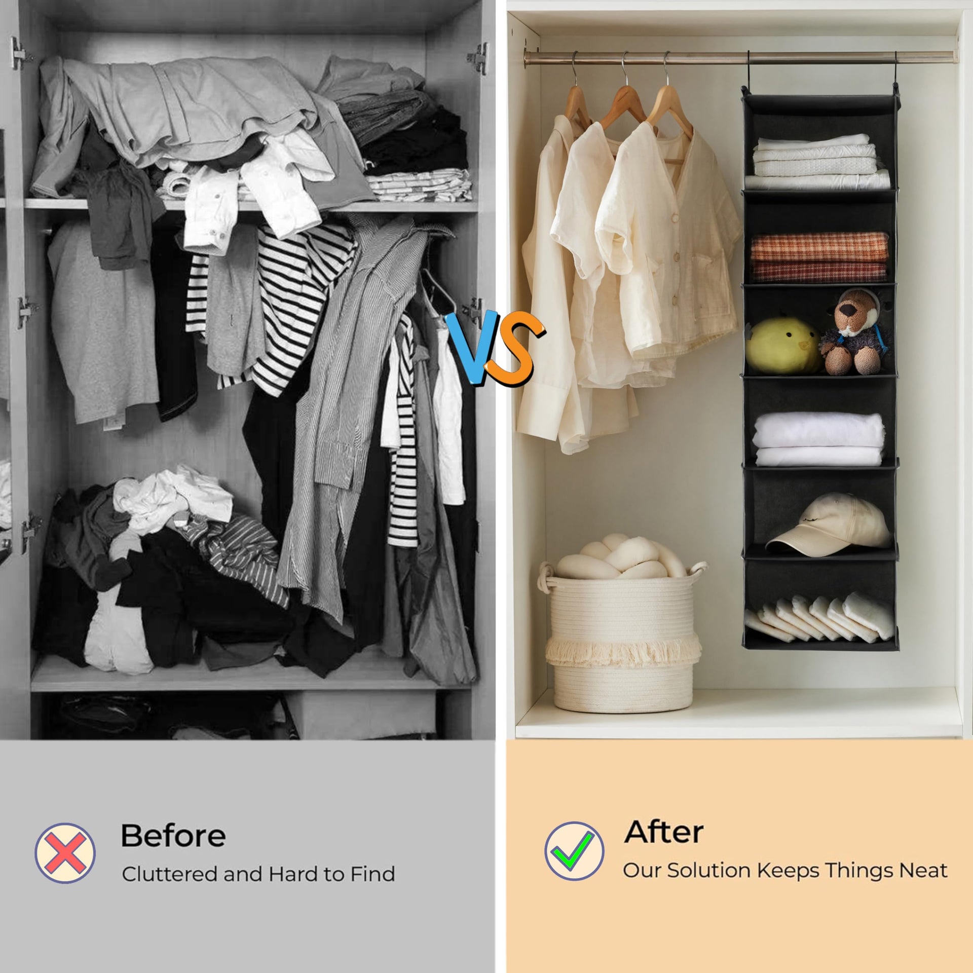 6 Tier Hanging Closet Organizer with 2 Sturdy Hooks
