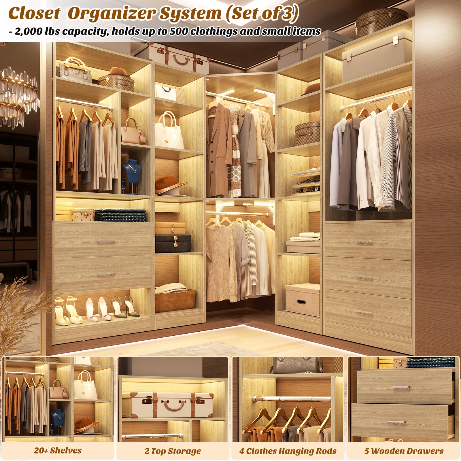Corner Closet System with 5 Drawers