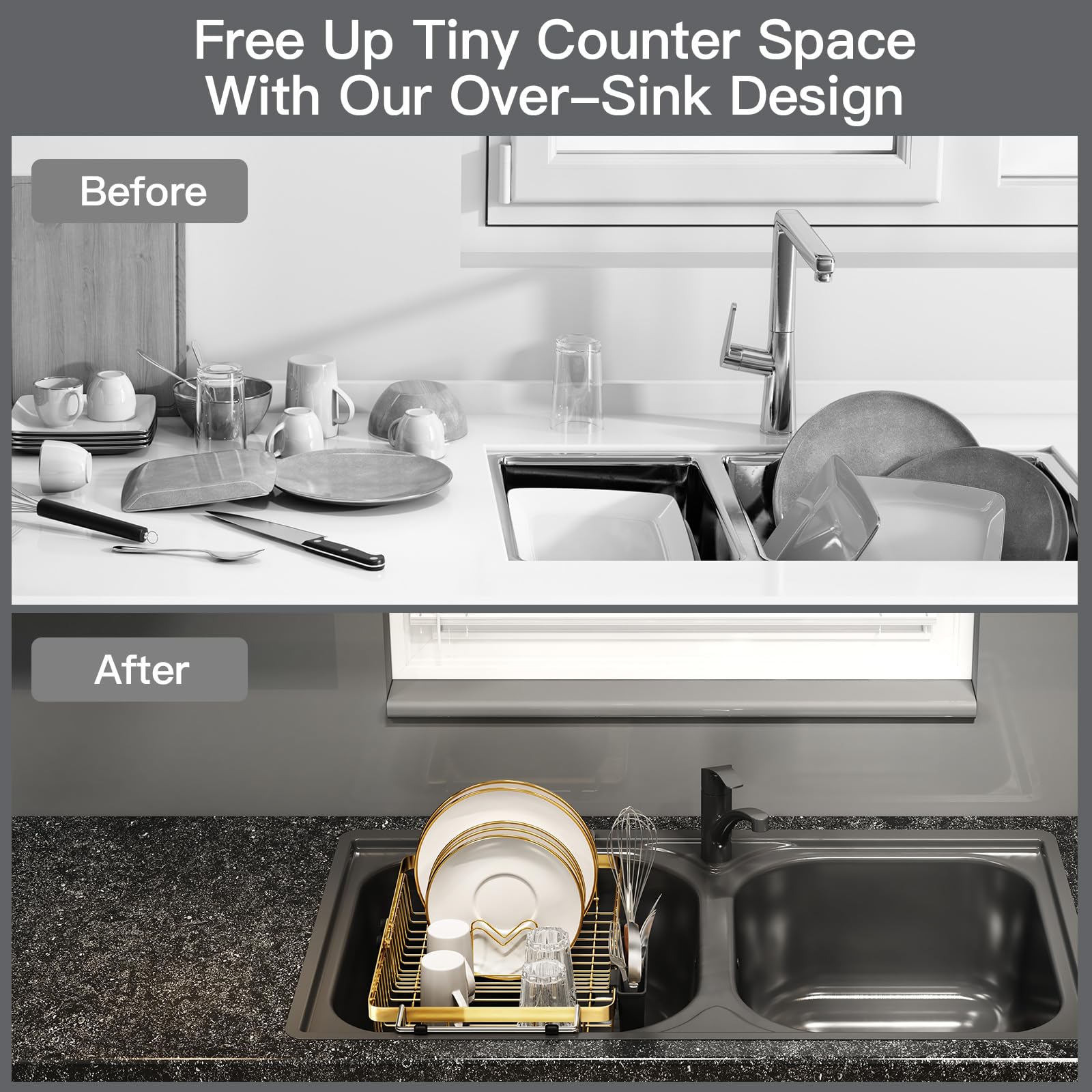 Gold Dish Drying Rack Over The Sink with Utensil Holder