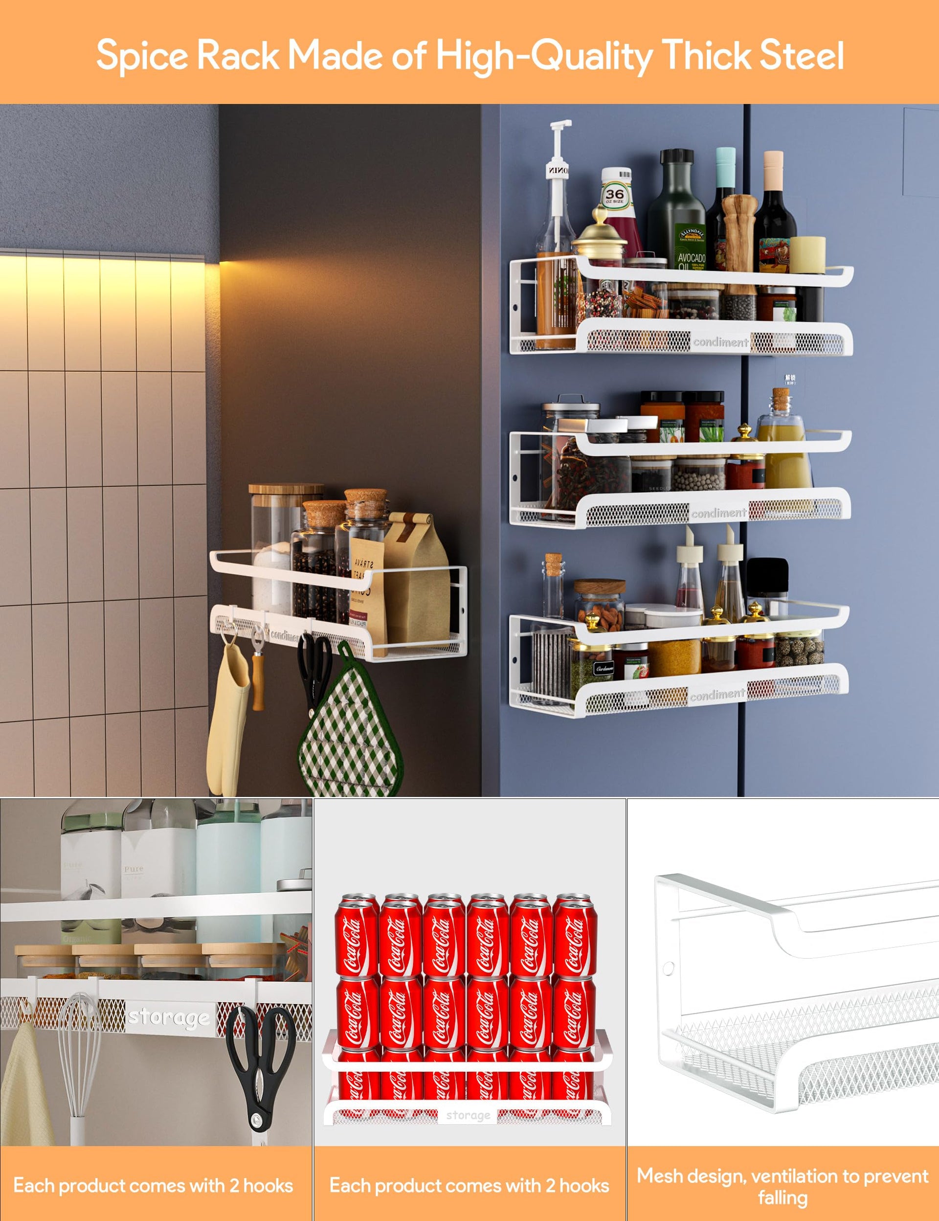 Spice Rack Wall Mount with Hooks