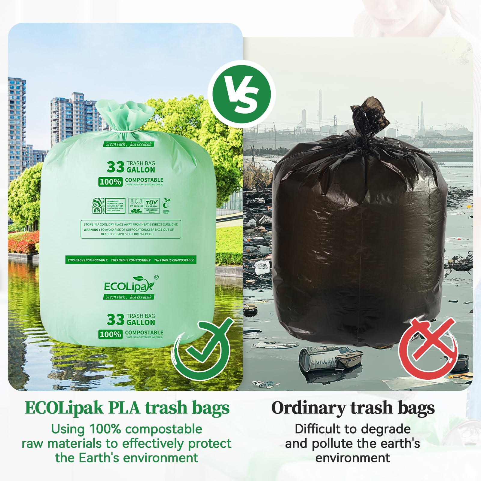 33 Gallon 25 Count Large Compostable Trash Garbage Bags for Lawn