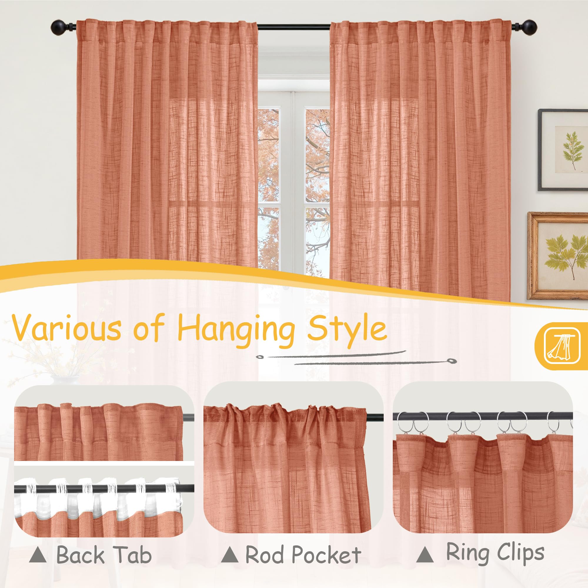 Small Linen Semi Sheer Curtains 24 Inch Long for Cafe Kitchen Window (2 Count)