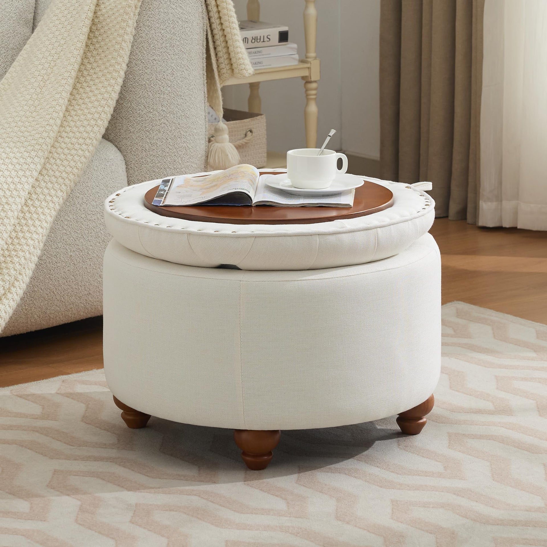 24Inch Round Storage Ottoman with Tray