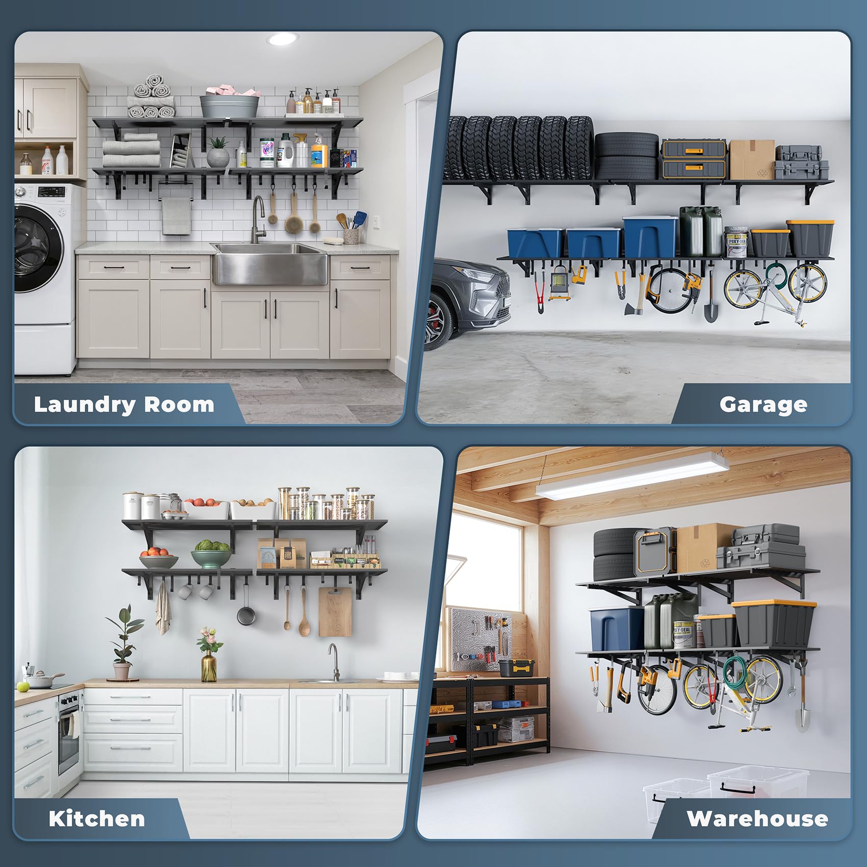 4 Pack Wall Mounted Garage Shelving with 16 Hooks (4 Count)