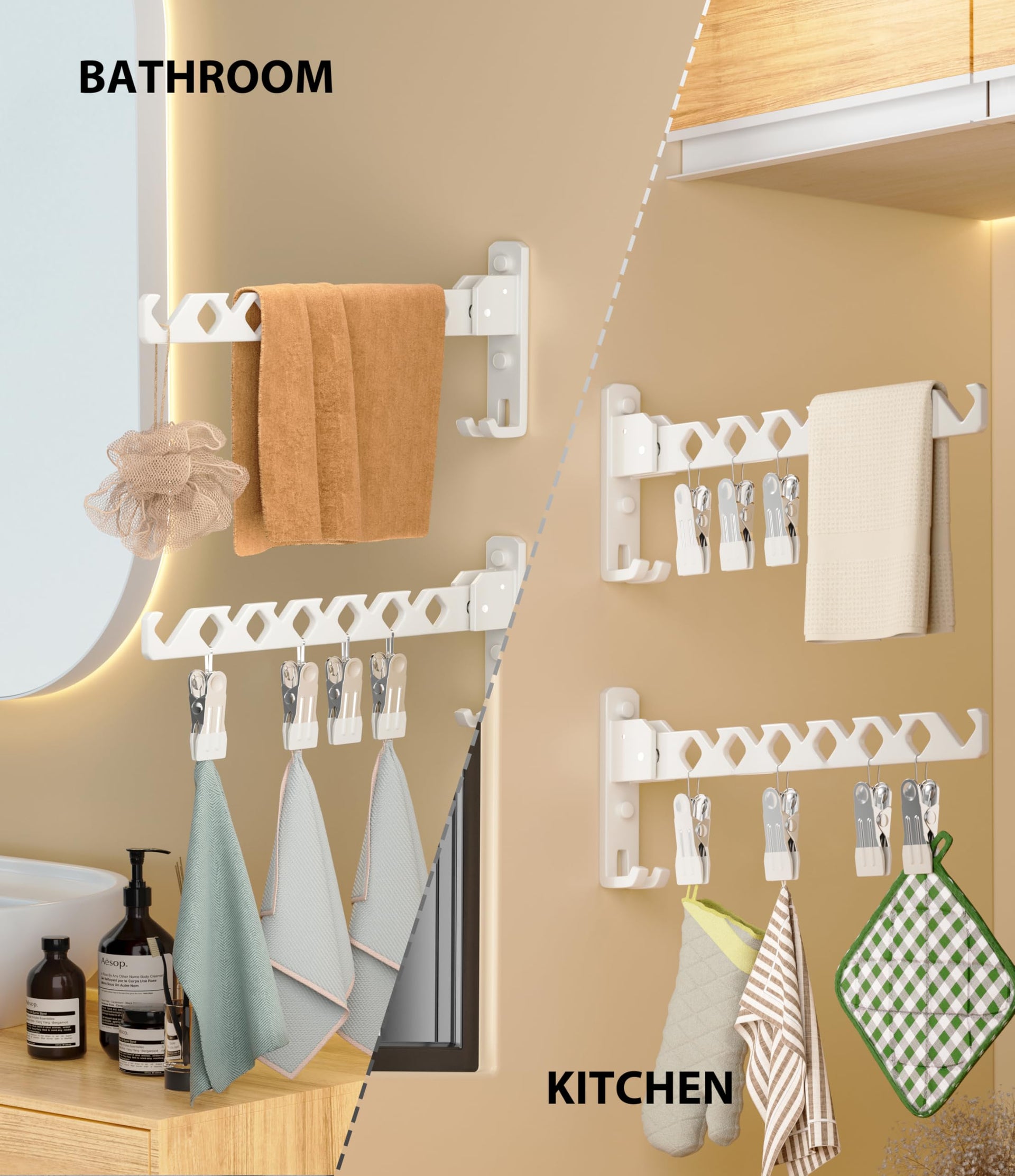 Wall Mount Coat Hanger Holder White Clothes Drying Organizer Rack Garment Hooks Aluminium Retractable Folding Indoor Wall Mounted Hanger Space Saver for Laundry Room Bedroom White 2 Pack with 8 Hooks (2 Count)