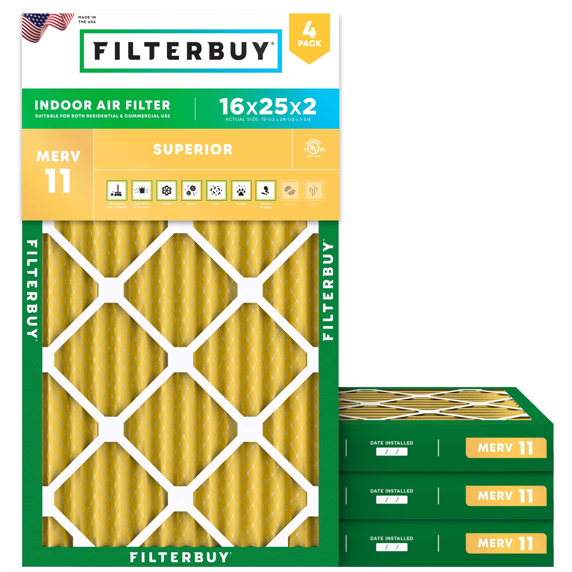16x25x2 Air Filter MERV 11 Pet & Allergy Defense (4 Count)
