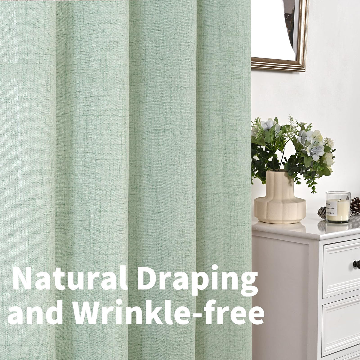 Sage Green Linen Semi Sheer Curtains 45 Inch Length for Kitchen Window (2 Count)