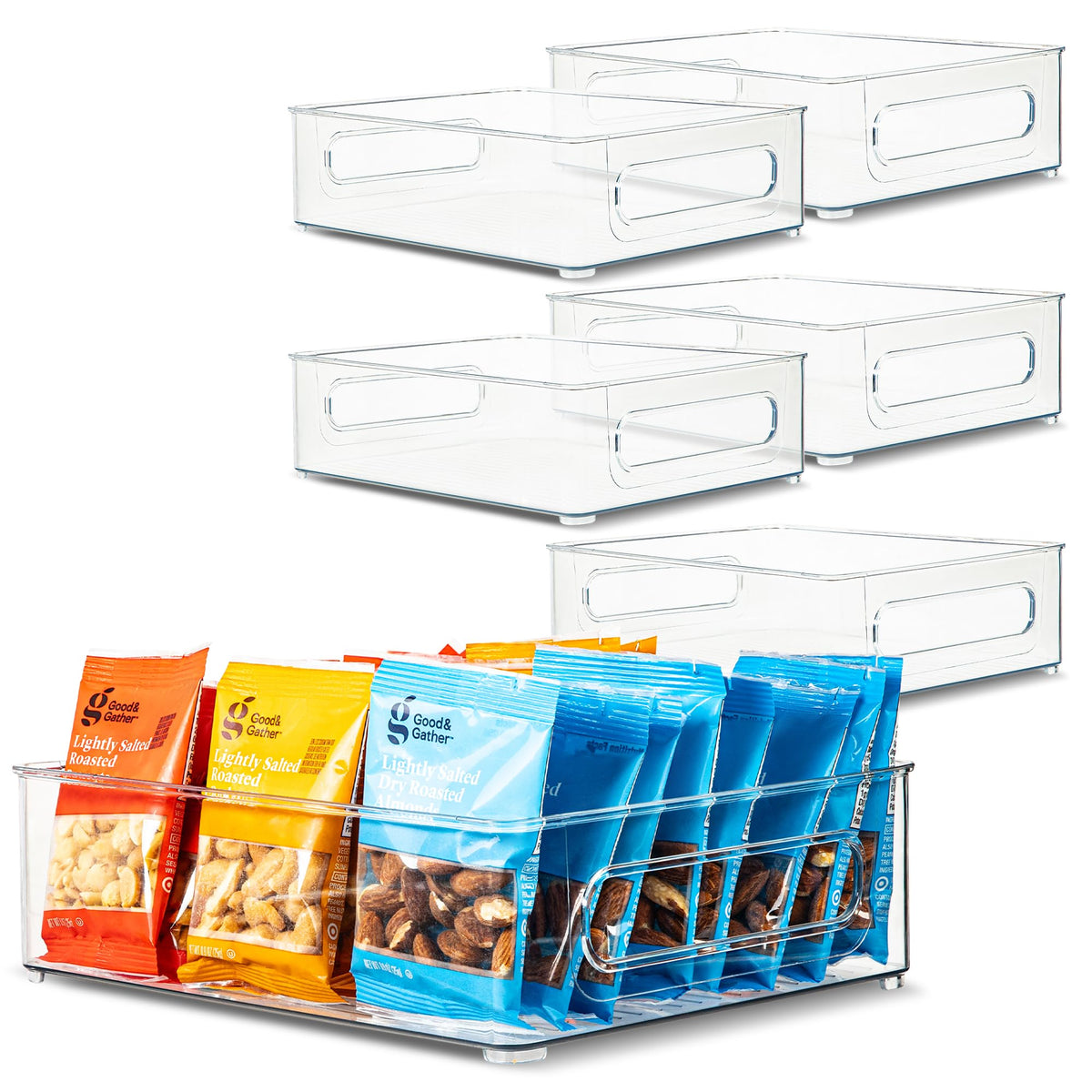 Plastic Food Storage 6 Pack Clear Container Bin with Handles for Organizing Kitchen (6 Count)
