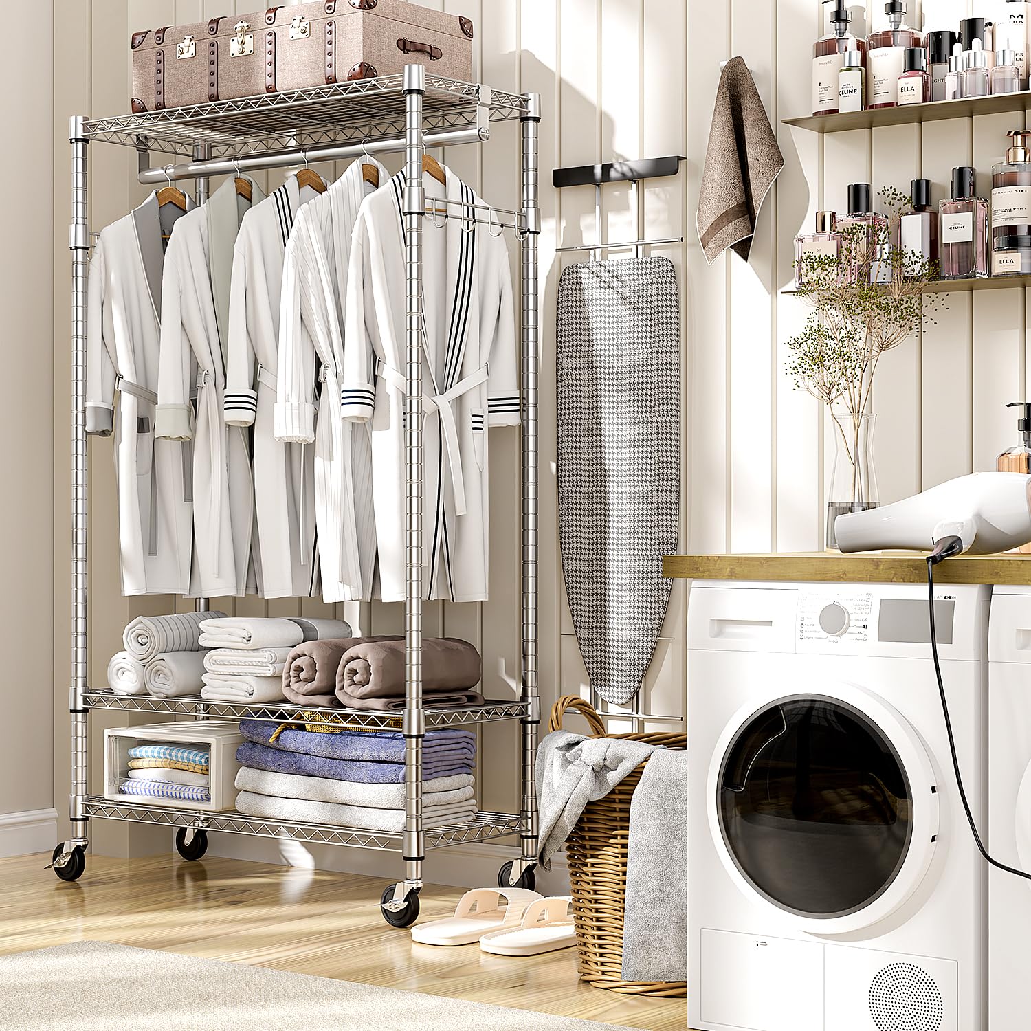Heavy Duty Rolling Garment Rack 3 Tiers Adjustable Wire Shelving Clothes Rack with Rods and Side Hooks
