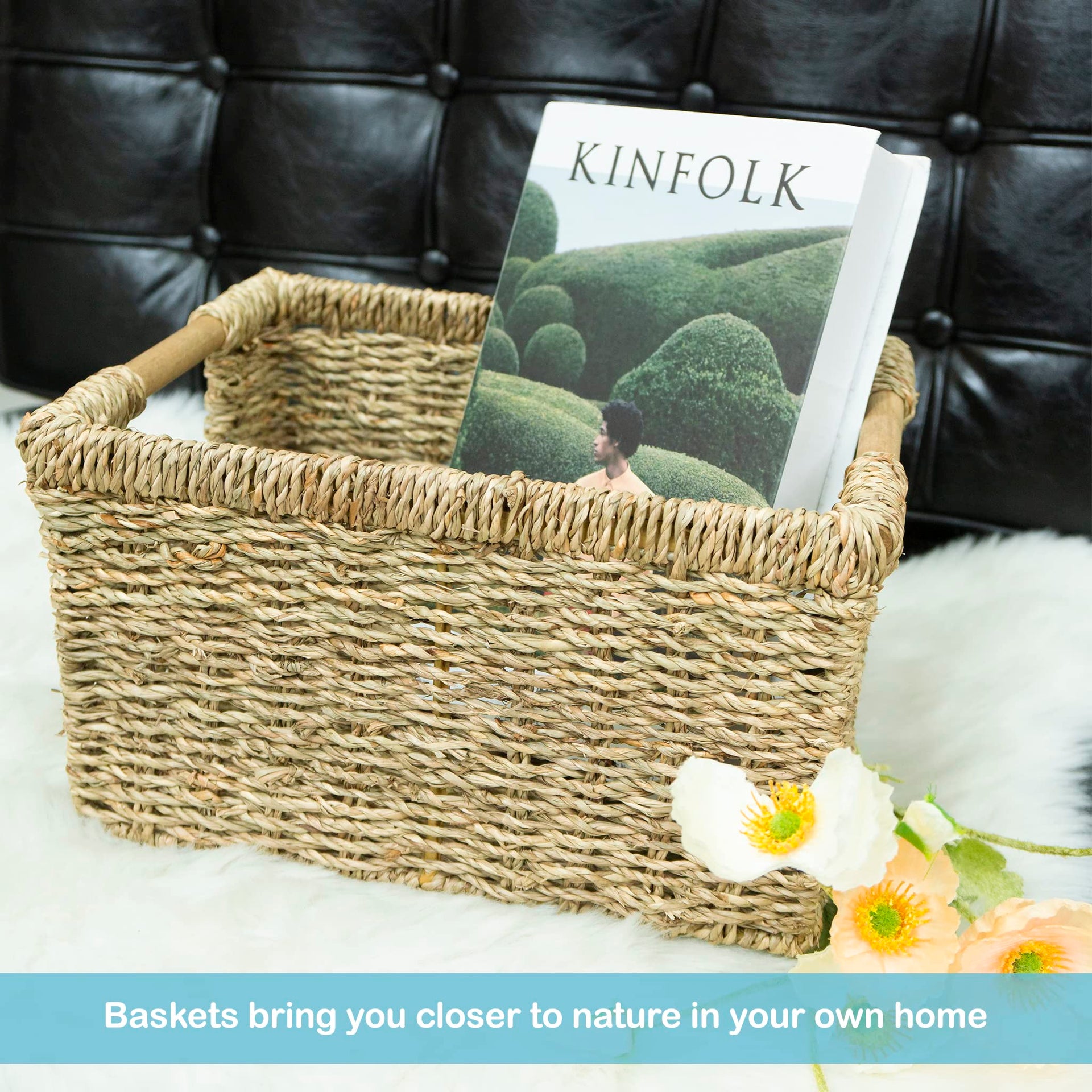 Natural Seagrass Basket with Wooden Handle (3 Count)