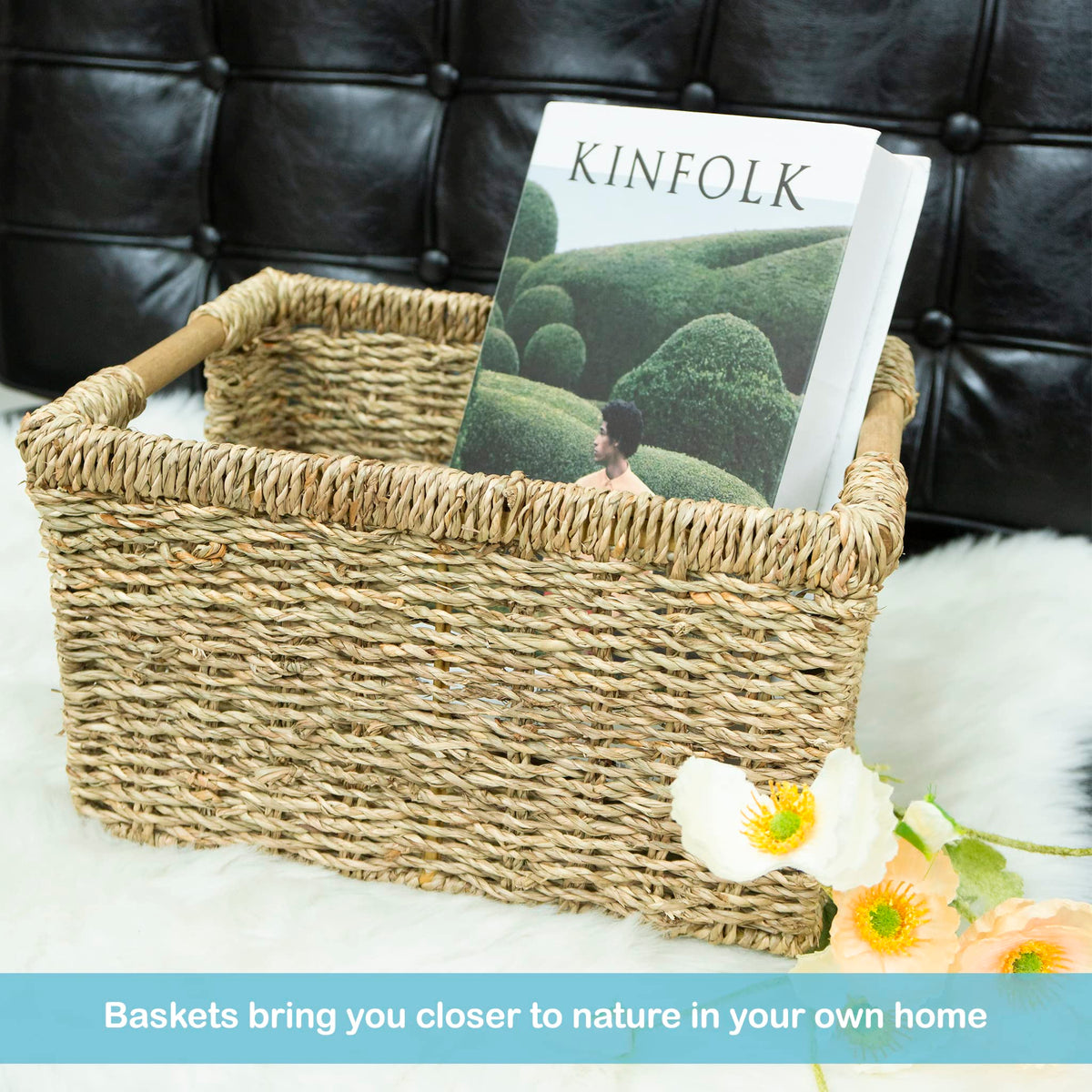 Natural Seagrass Basket with Wooden Handle (3 Count)
