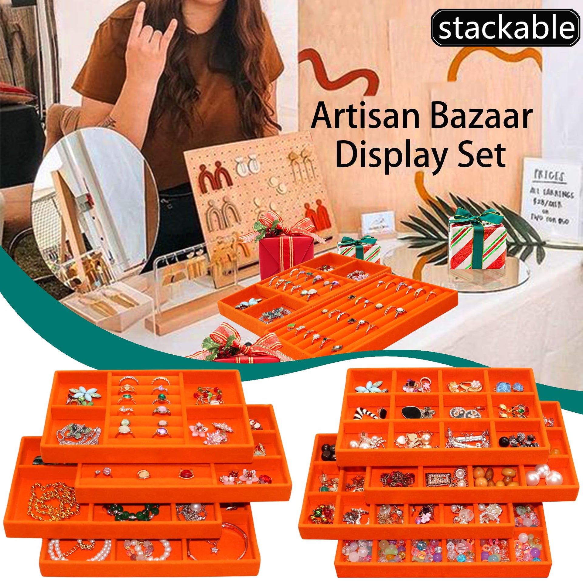Jewelry Organizer Tray Stackable Velvet Jewelry Trays Drawer Inserts Earring Ring Necklace Organizer Display Case (8 Count)