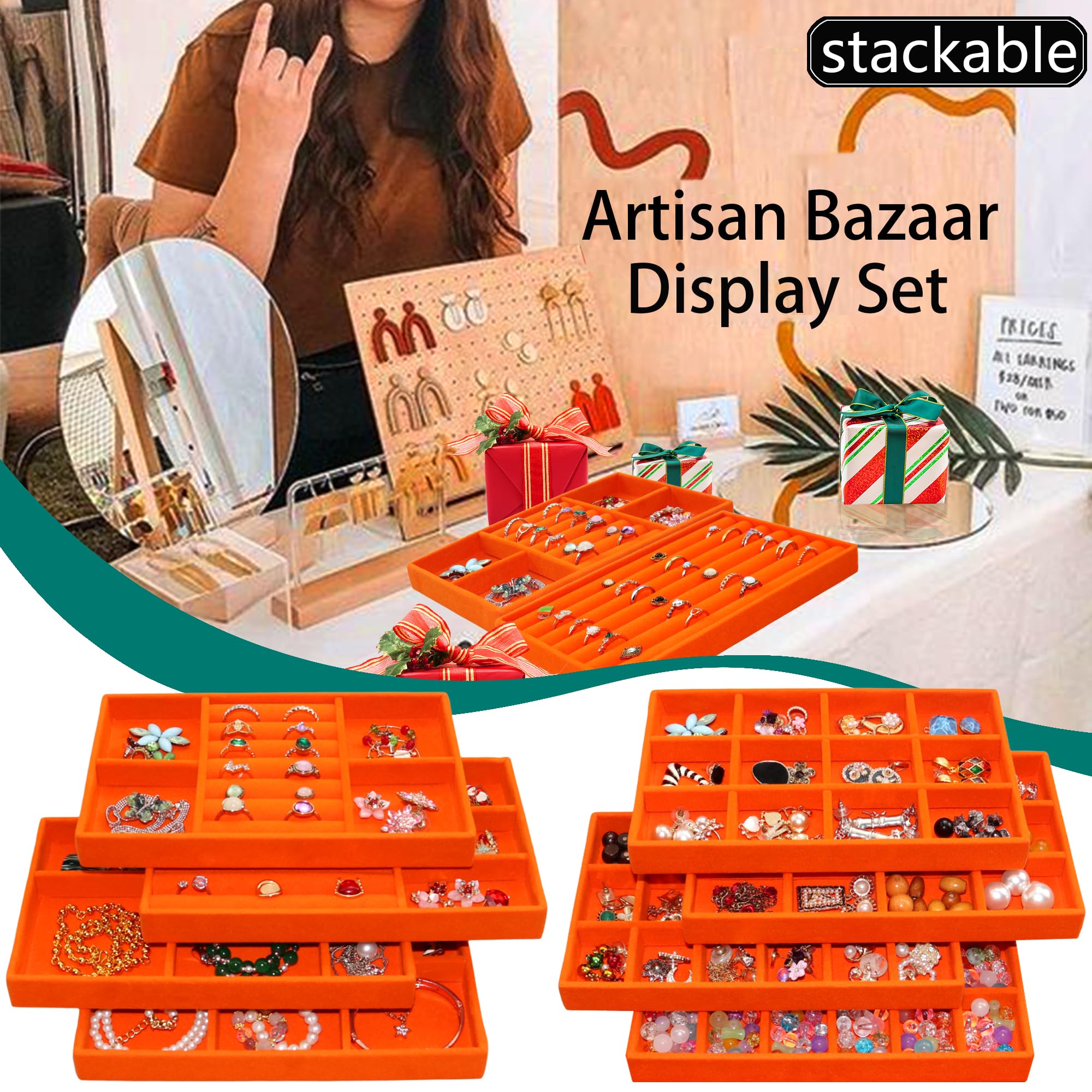 Jewelry Organizer Tray Stackable Velvet Jewelry Trays Drawer Inserts Earring Ring Necklace Organizer Display Case (8 Count)