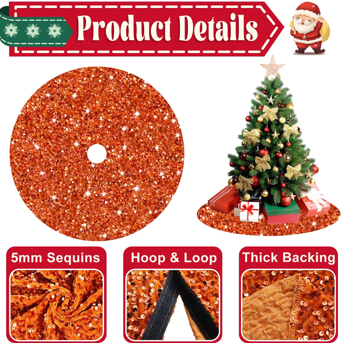 Glitter Christmas Tree Skirts 21 inch Orange Sequins Fall Tree Skirt Velvet Tree Mat for Pencil Tree Paillette Sparkly Tree Skirt Cover Thanksgiving Christmas Tree Carpet