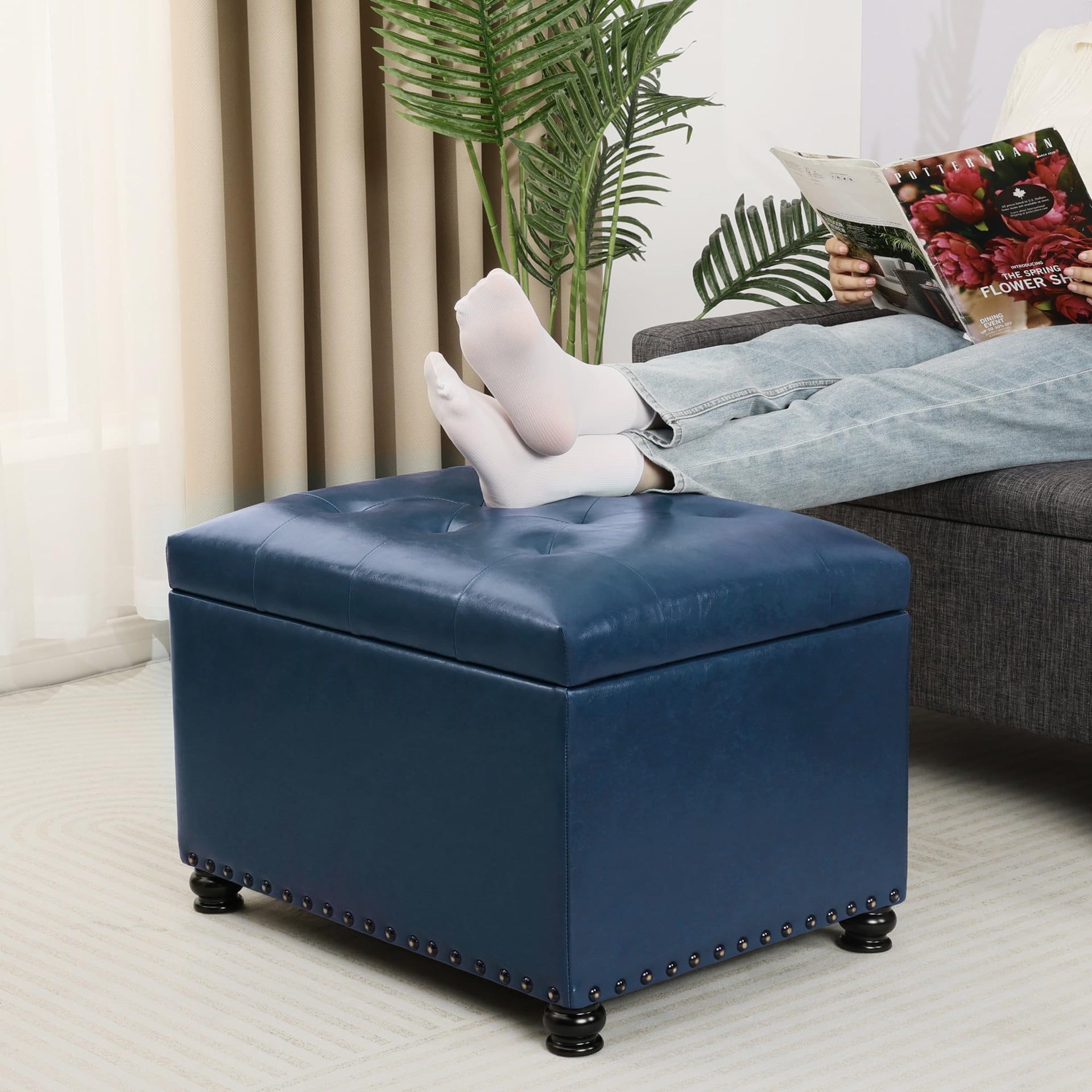 Faux Leather Storage Ottoman Bench Rectangle 24 Inch Foot Rest Ottomans