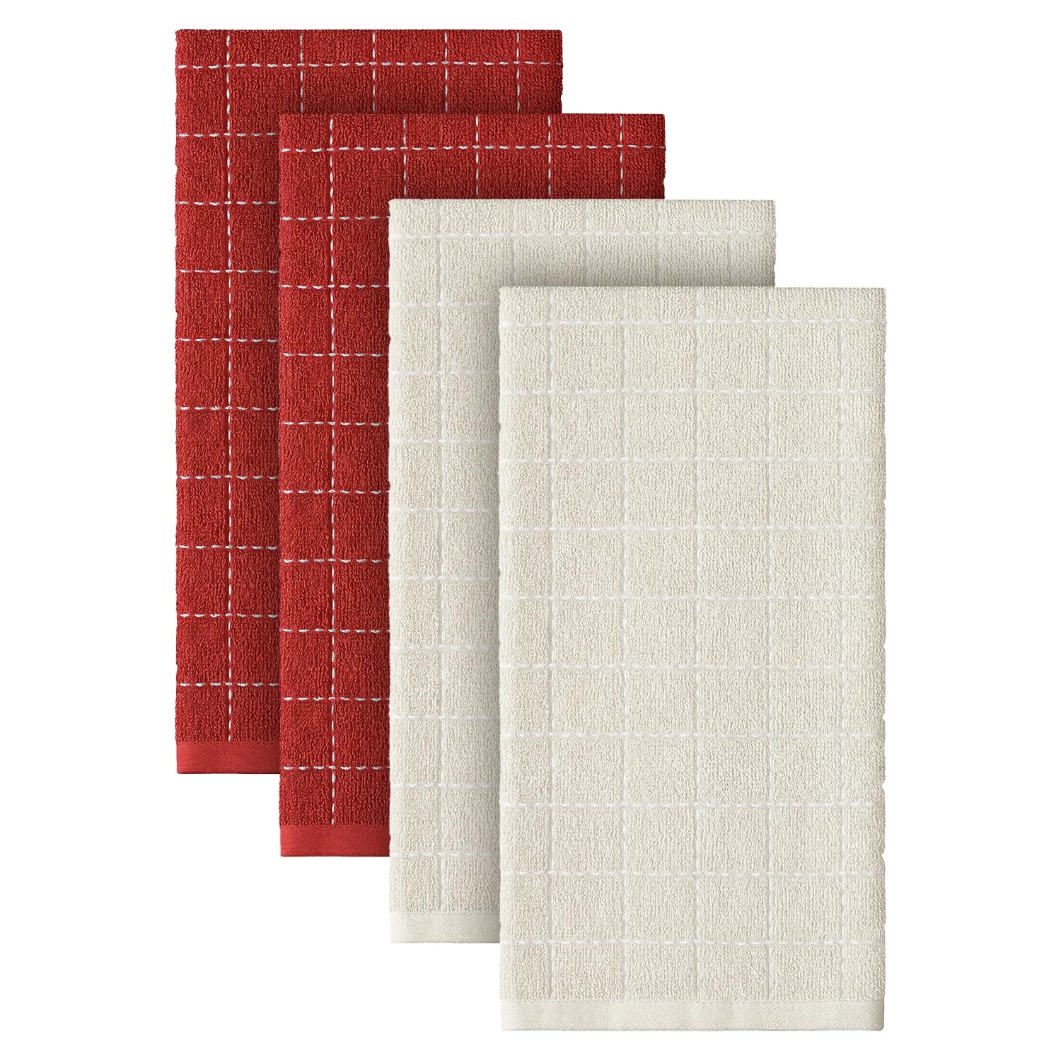 Checkered Designed Cotton Beige Red Terry Kitchen Dish Towels (4 Count)