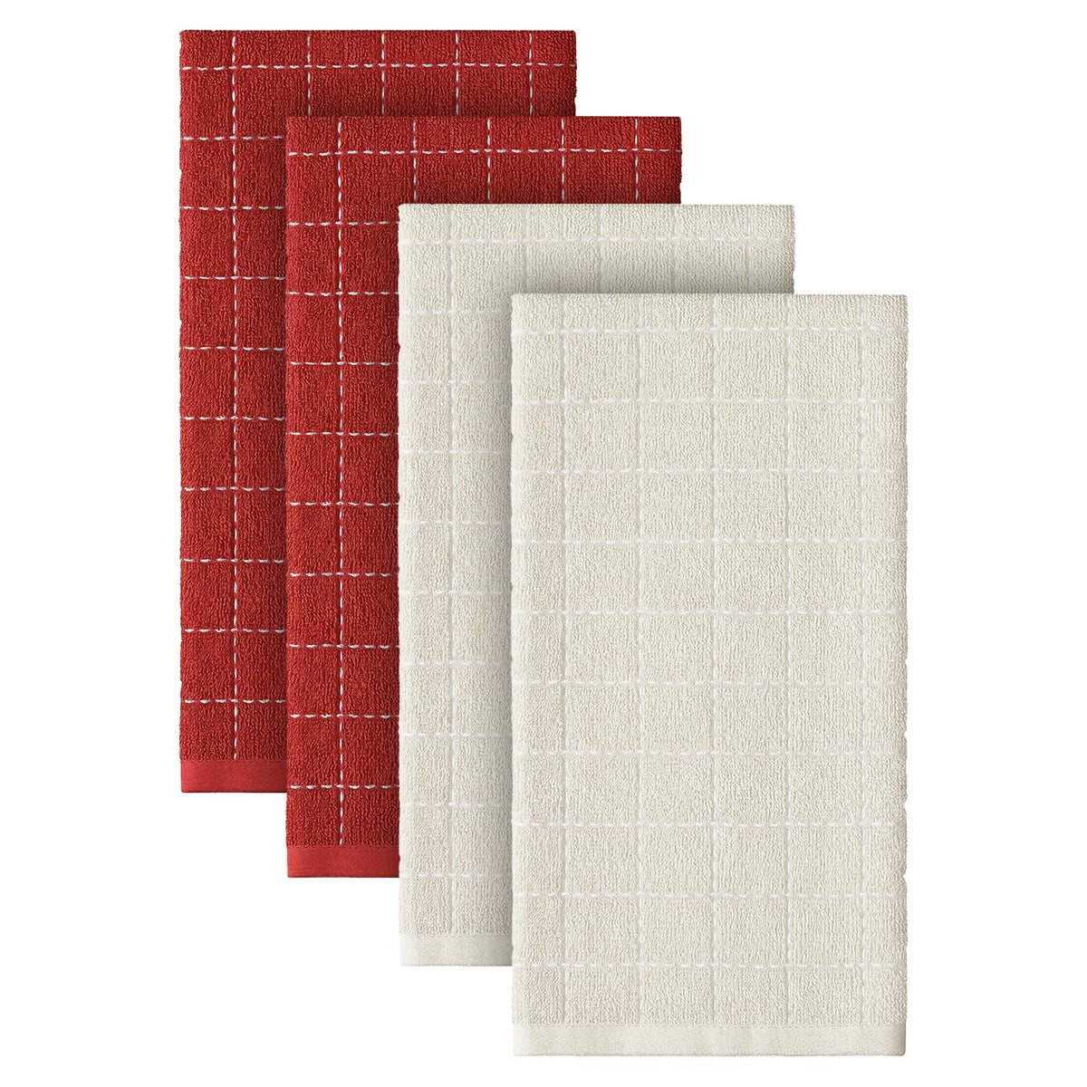 Checkered Designed Cotton Beige Red Terry Kitchen Dish Towels (4 Count)