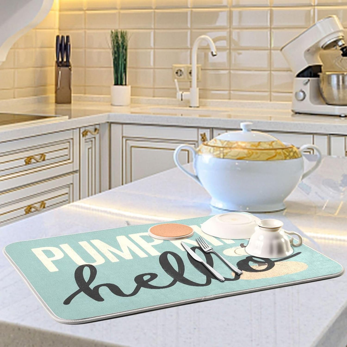 Hello Pumpkin Turquoise Fall Dish Drying Mat for Kitchen Countertop 18x24 Aqua Teal Autumn Large Drying Mat Reusable Quick Dry Dish Sink Mats Easy Clean Decorative Essentials