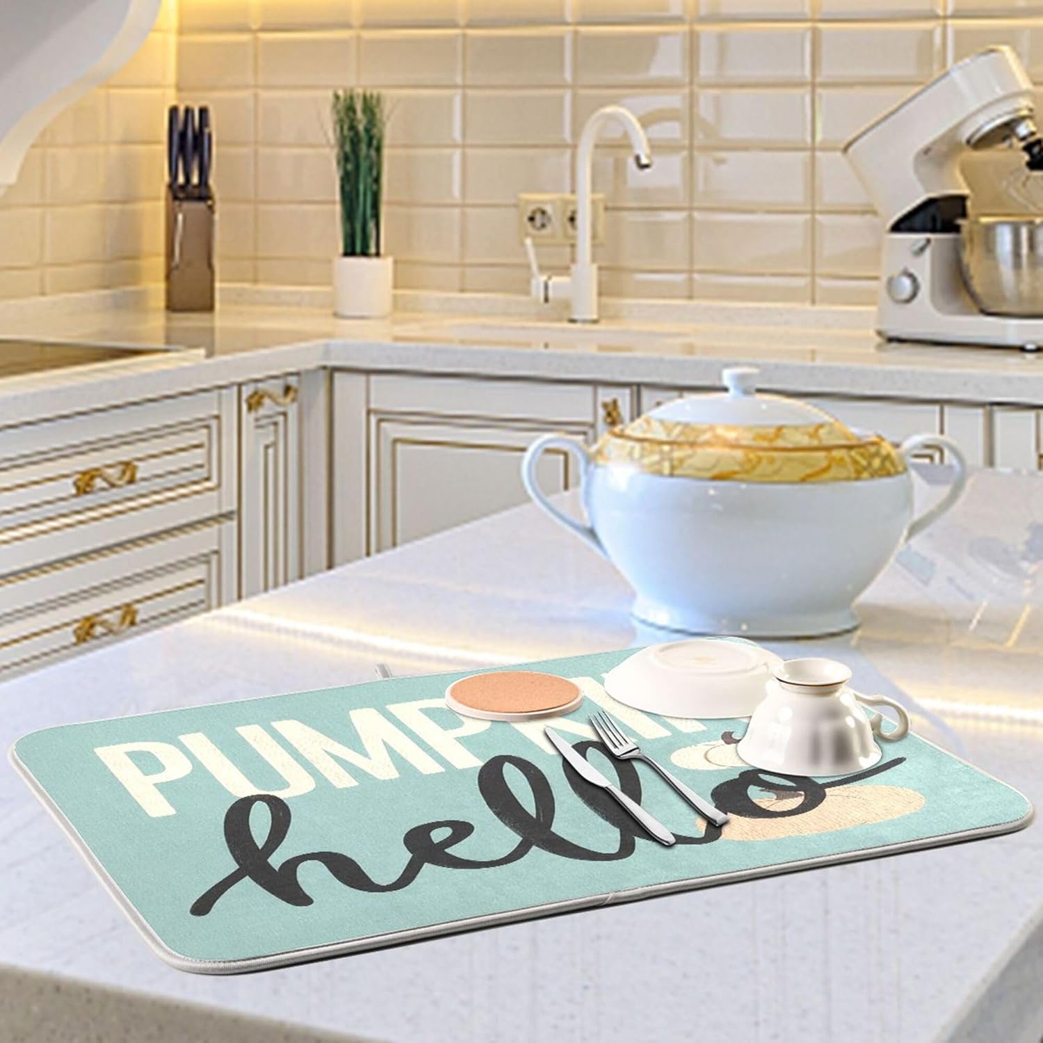 Hello Pumpkin Turquoise Fall Dish Drying Mat for Kitchen Countertop 18x24 Aqua Teal Autumn Large Drying Mat Reusable Quick Dry Dish Sink Mats Easy Clean Decorative Essentials