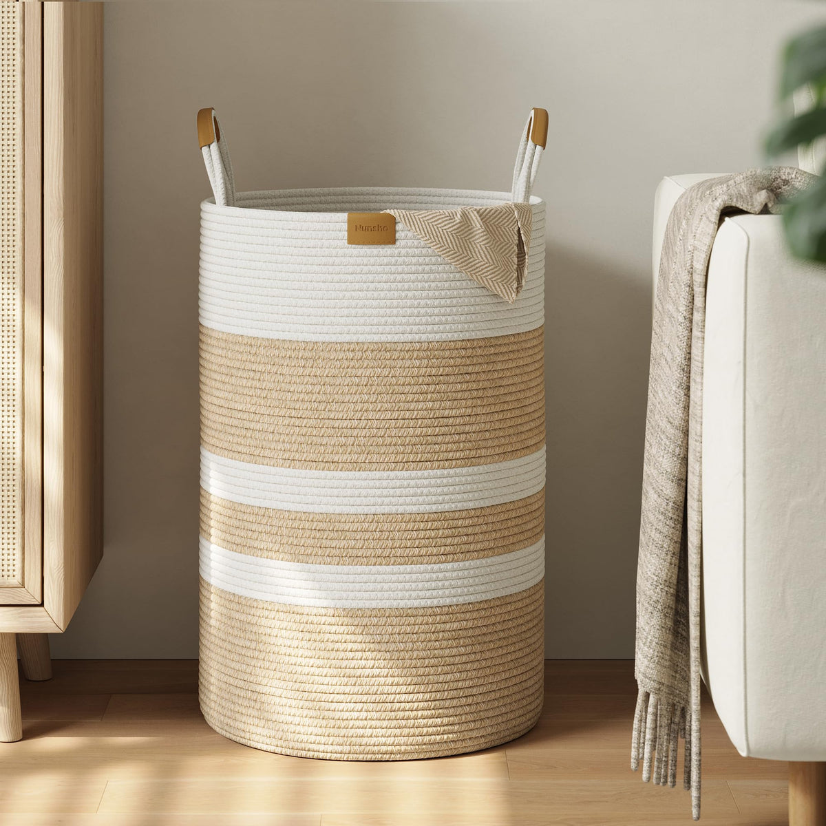 75L Striped Laundry Hamper with Leather Handles