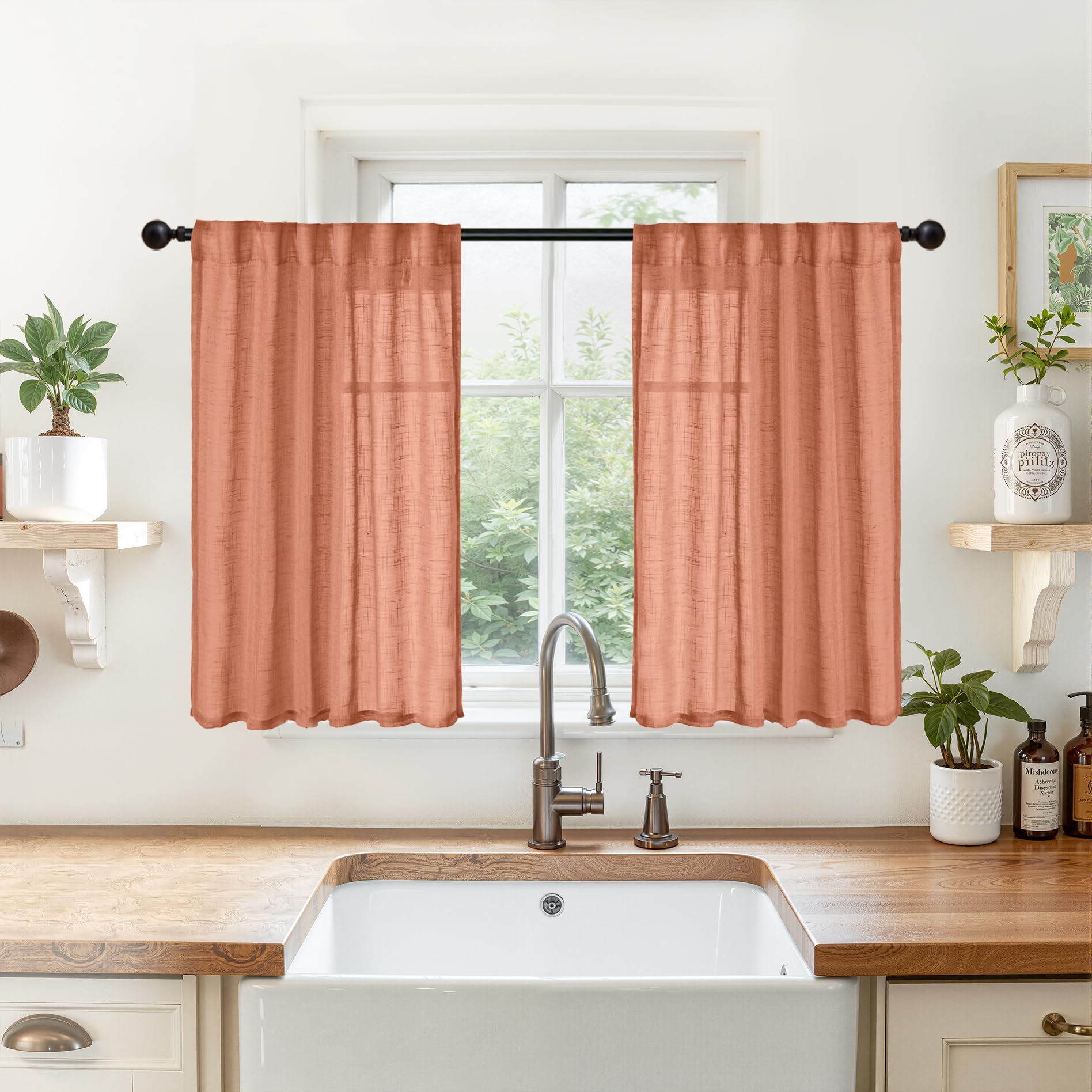 Burnt Orange Linen Semi Sheer Curtains 36 Inches Long for Kitchen Window (2 Count)