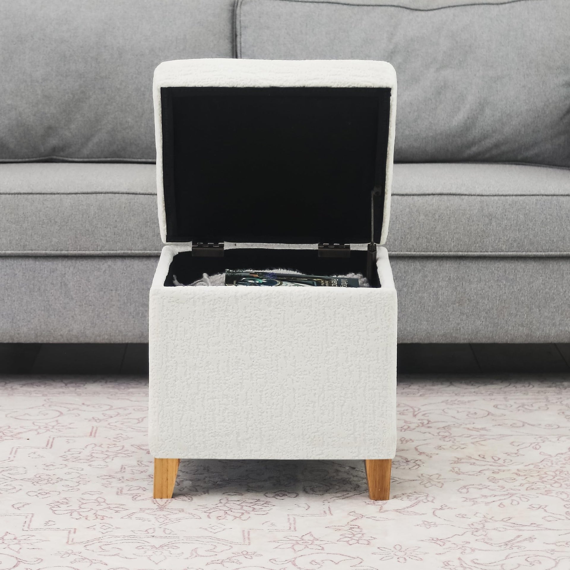 18 Inch High Faux Fur White Cube Ottoman Storage