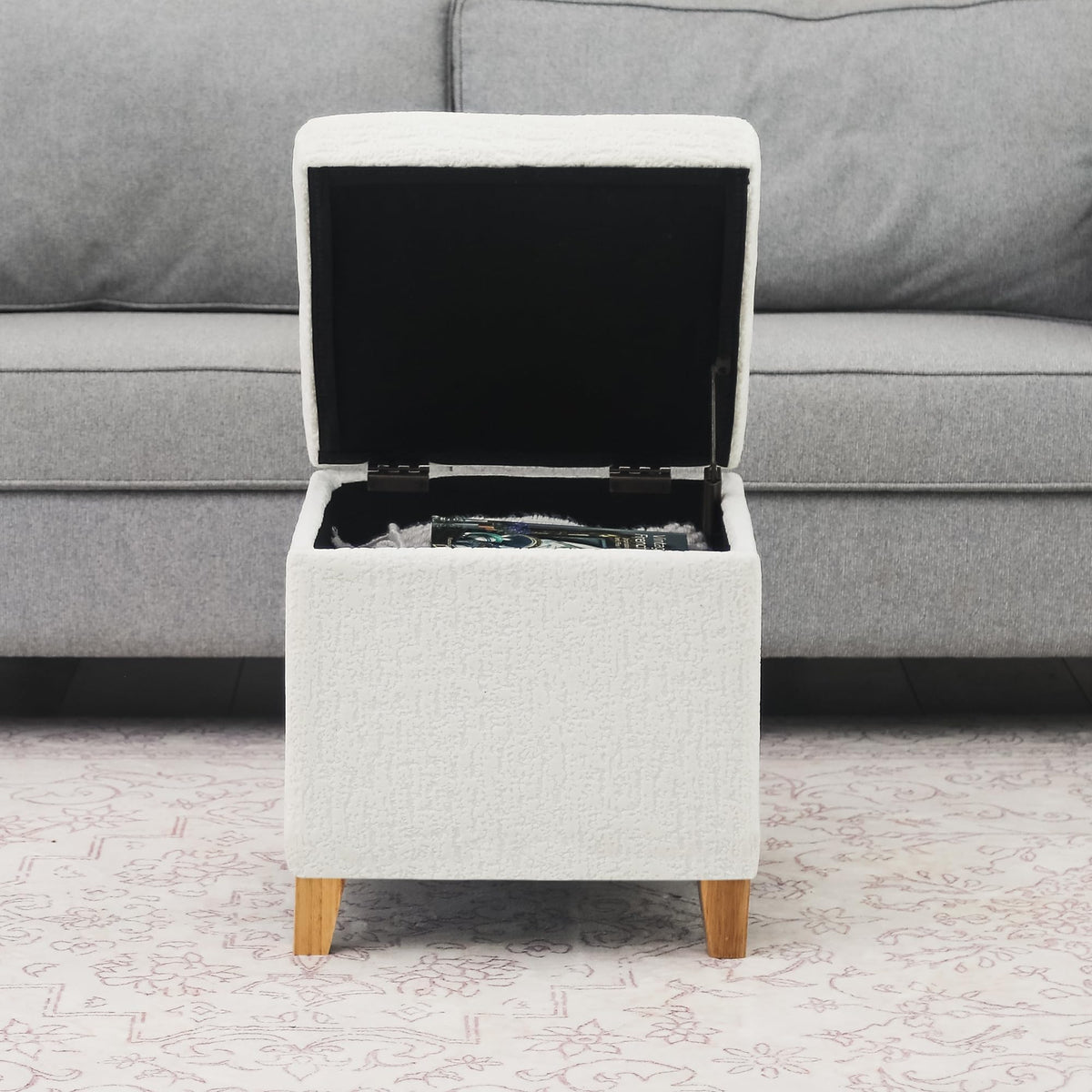 18 Inch High Faux Fur White Cube Ottoman Storage