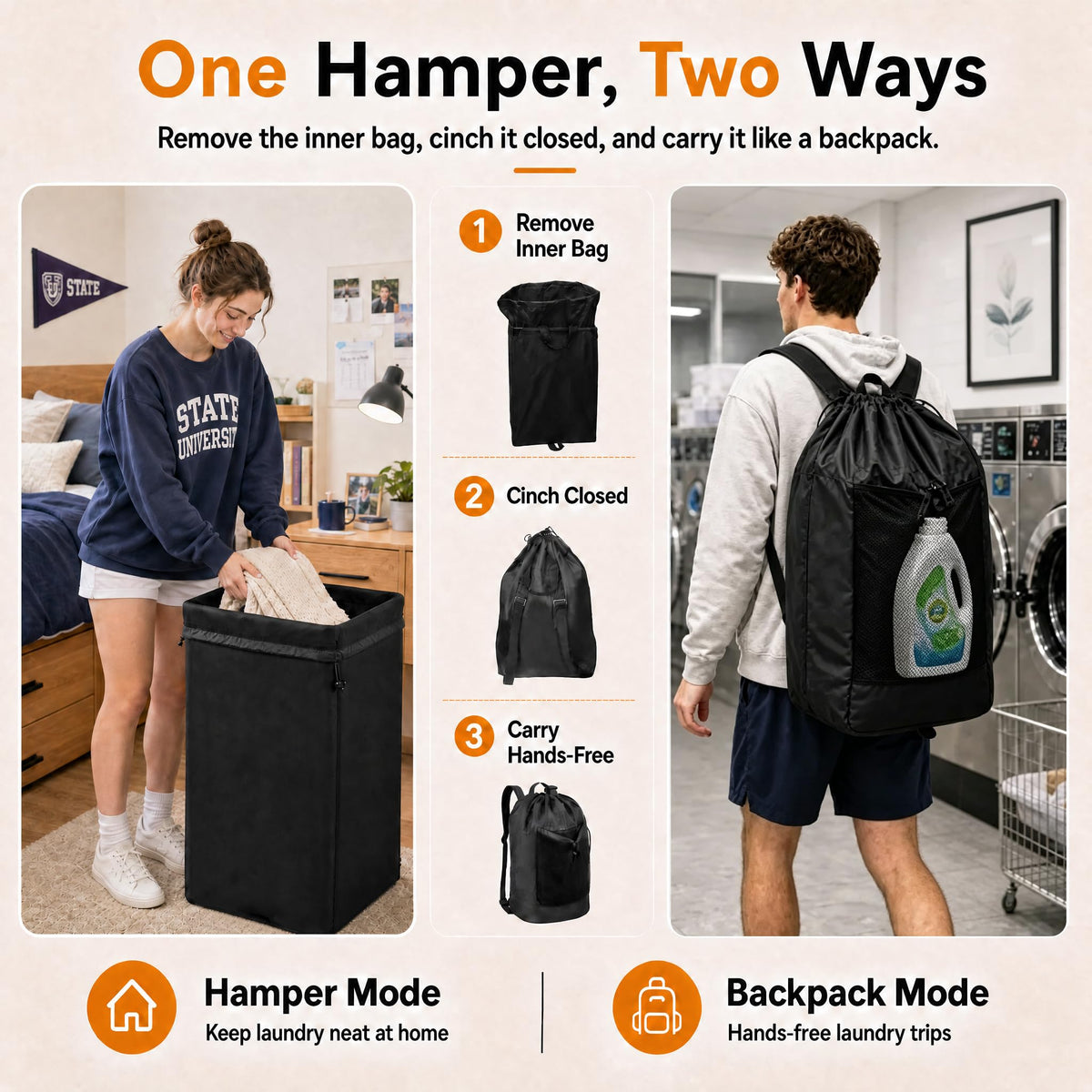 60L 2-in-1 Laundry Hamper with Waterproof Laundry Backpack