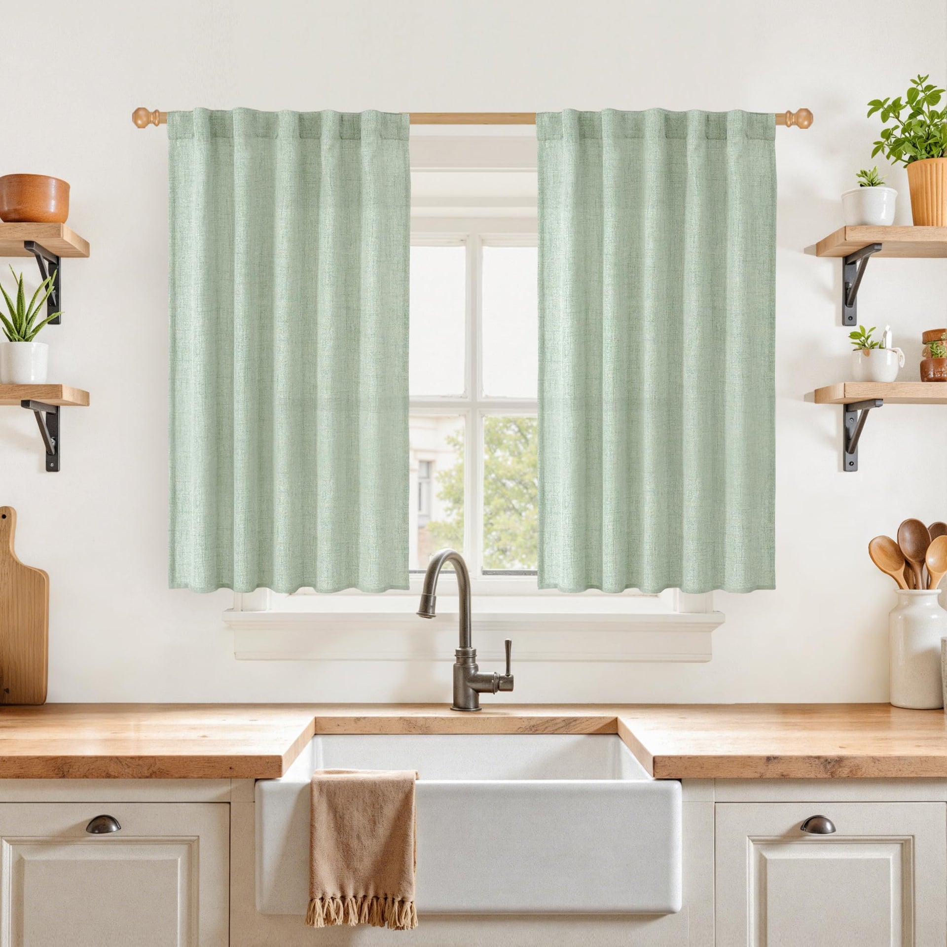 Sage Green Linen Semi Sheer Curtains 40 Inch Length for Kitchen Window (2 Count)